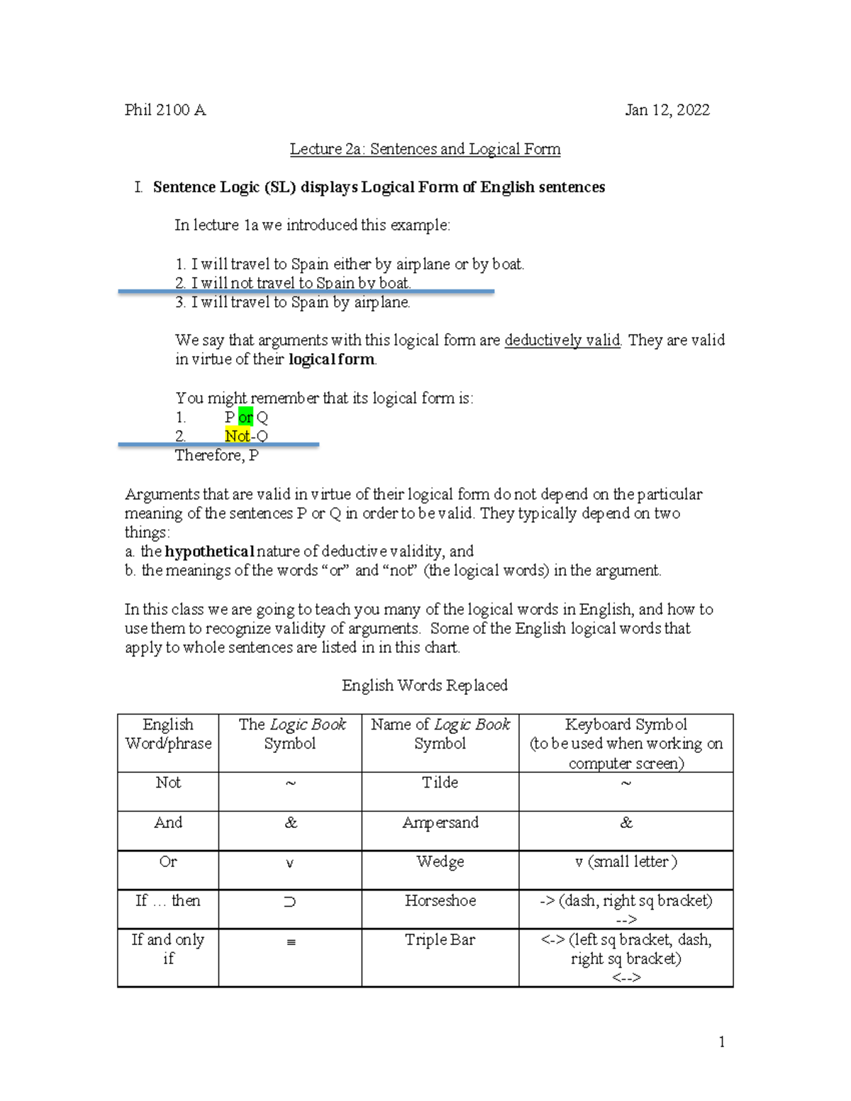 Lecture 2a - Notes - Phil 2100 A Jan 12, 2022 Lecture 2a: Sentences And ...