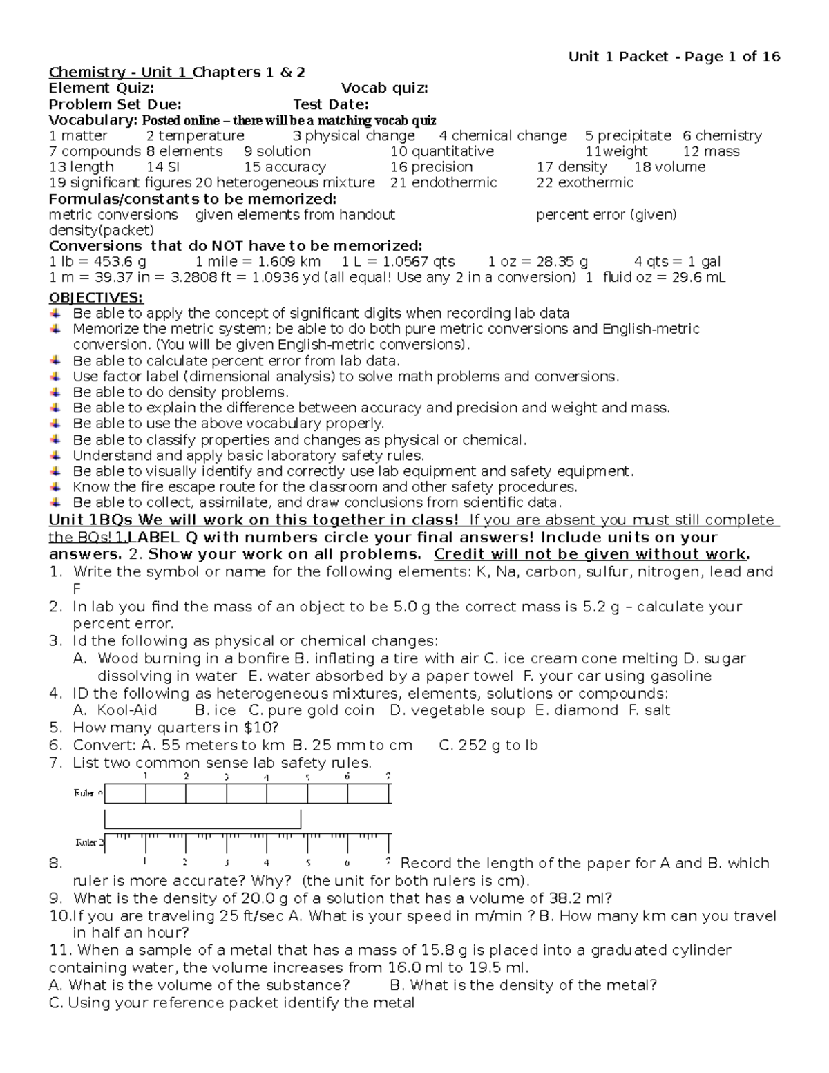 0-21 Unit One Packet Honors - Chemistry - Unit 1 Chapters 1 & 2 Element ...