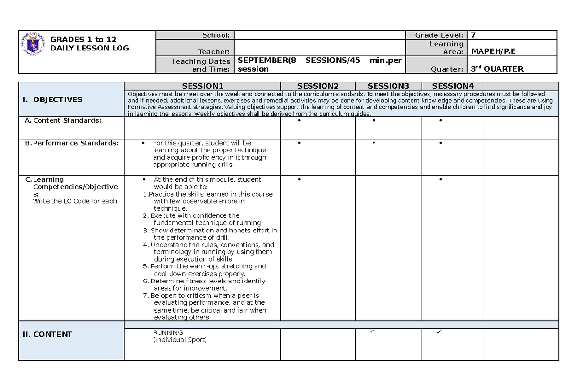 G7 DLL Mapeh PE Q3 - GRADES 1 to 12 DAILY LESSON LOG School: Grade ...