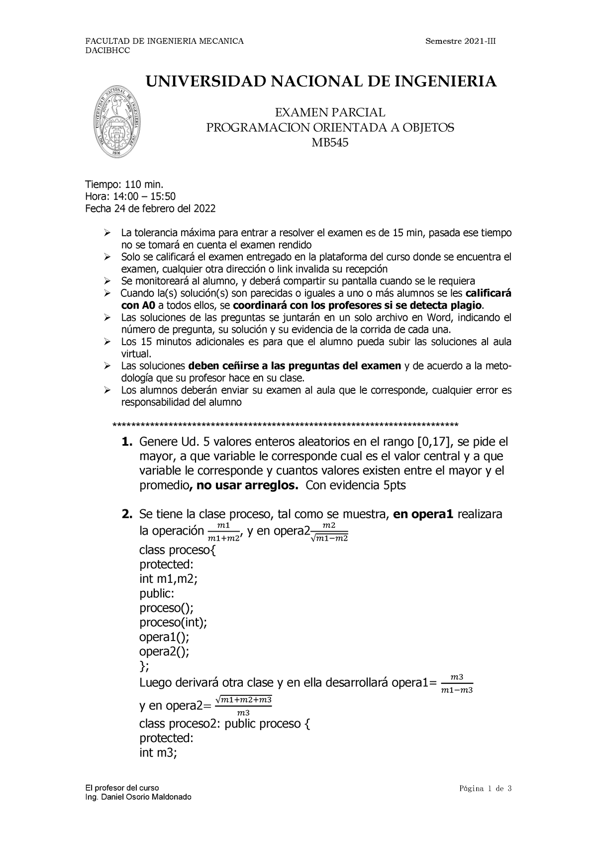 Examen Parcial - FACULTAD DE INGENIERIA MECANICA Semestre 2021-III ...