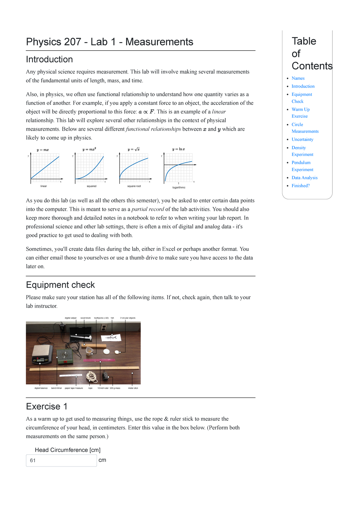 Measurement Lab - physics lab - Table of Contents Names Introduction ...