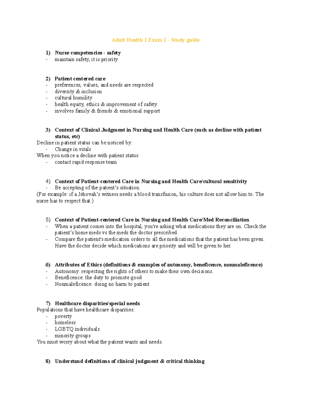 Adult Health 1 Nclex - Adult Health 1 Exam 1 - Study guide Nurse ...
