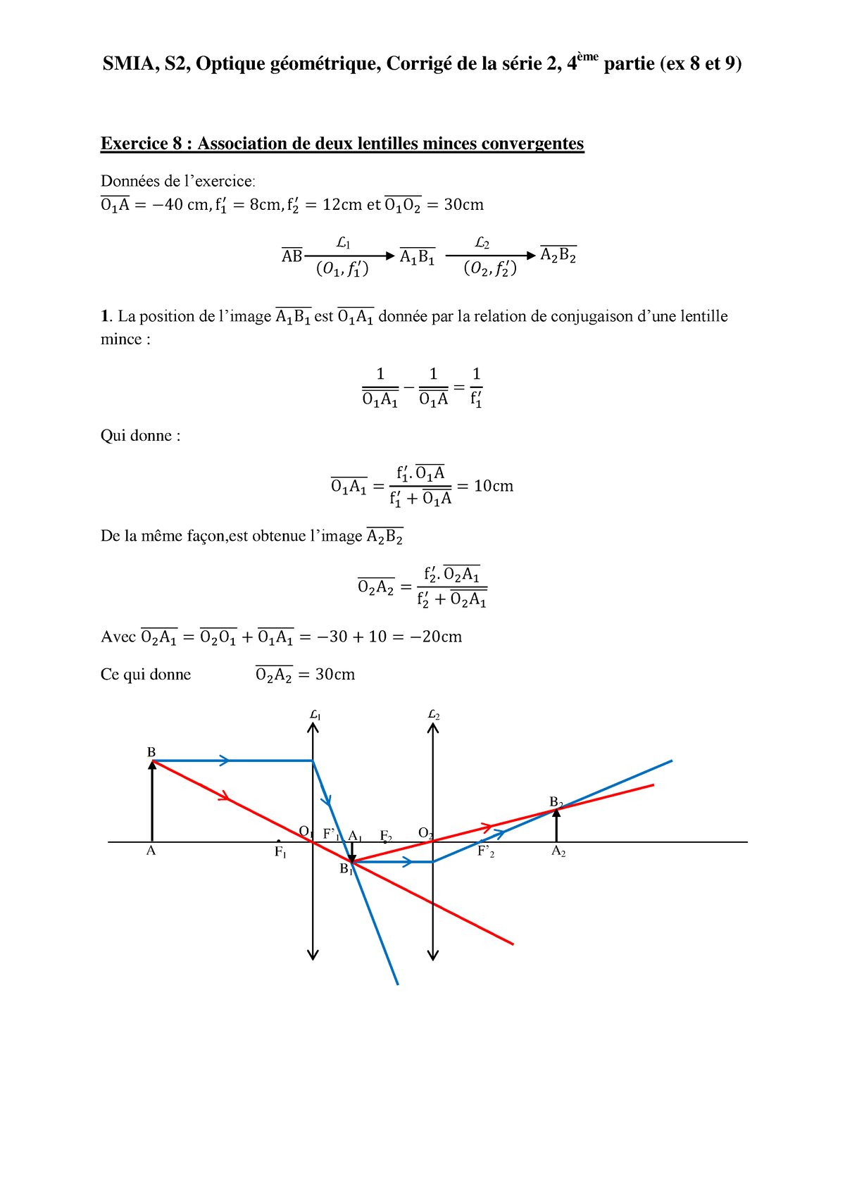 SMIA,S2,Optique Géométrique, TD2 Corrigé Partie 4 Ex 8et 9 - SMIA, S2 ...