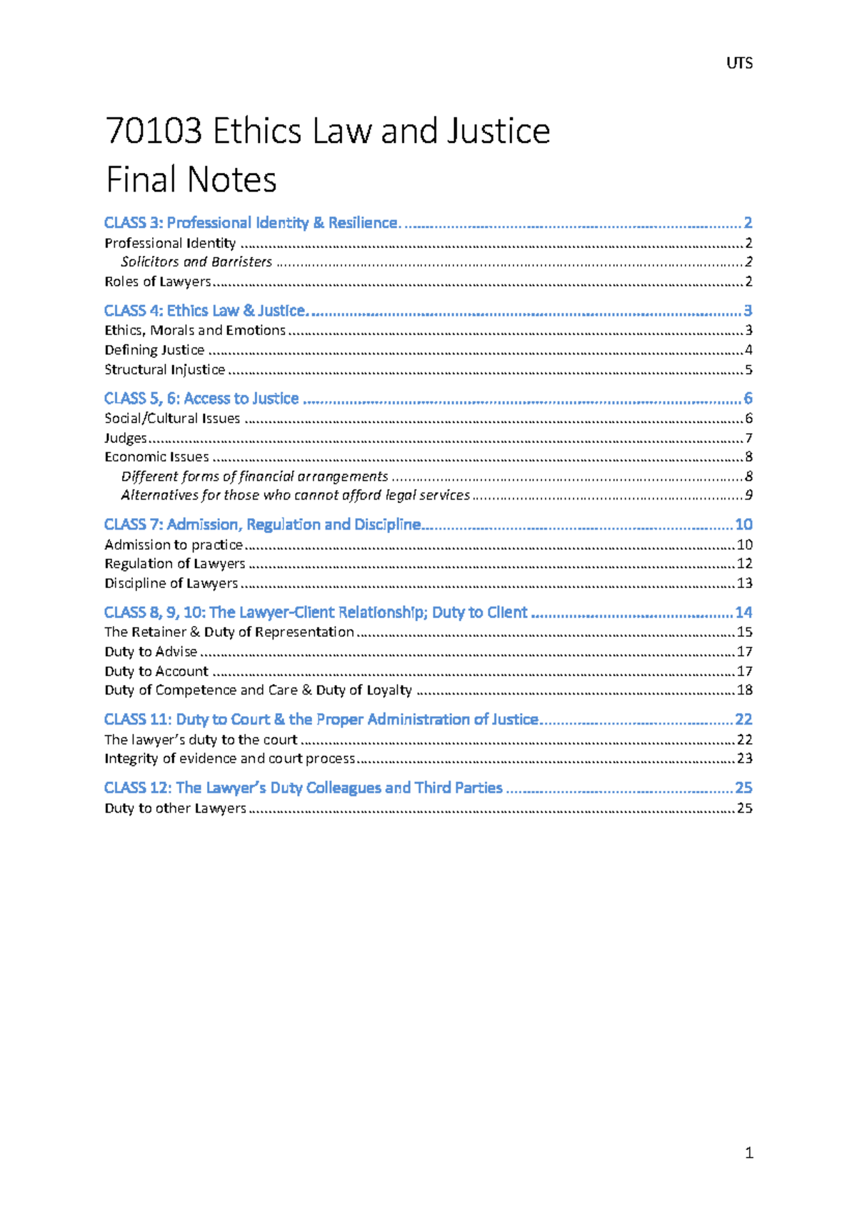 70103 Final Notes - 70103 Ethics Law and Justice CLASS 3: Professional ...