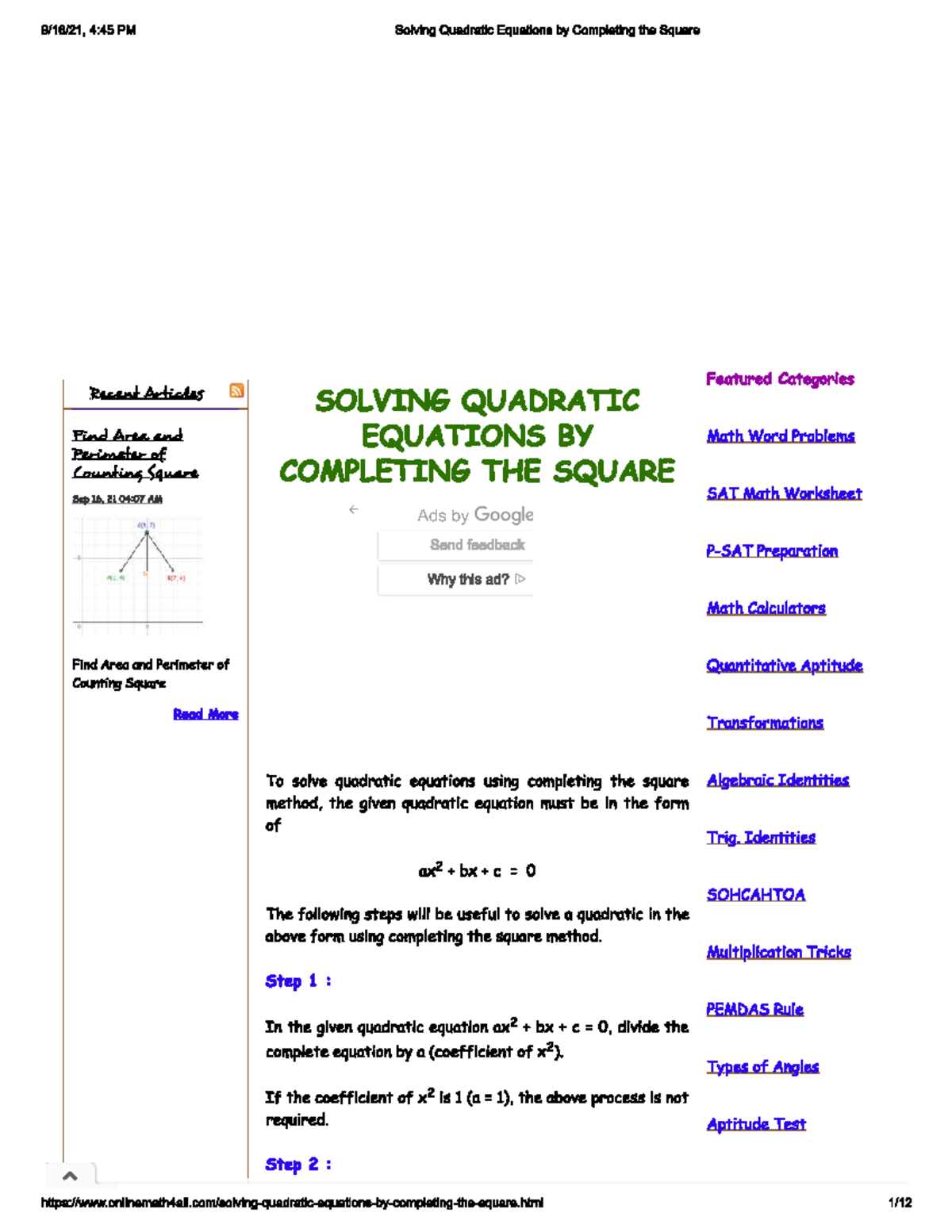 Solve by complete square - MAT 101 - Studocu