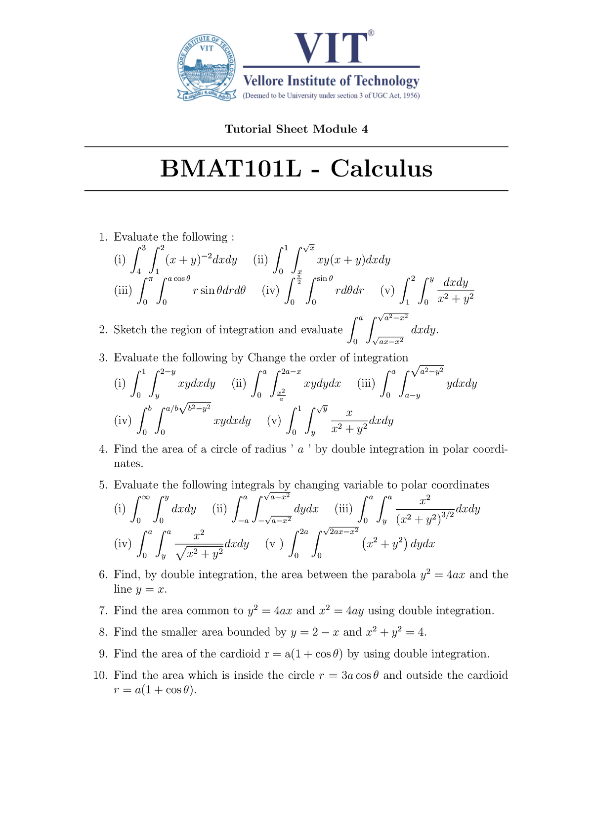 BMAT101L Problem Sheet Module 4 - Tutorial Sheet Module 4 BMAT101L ...