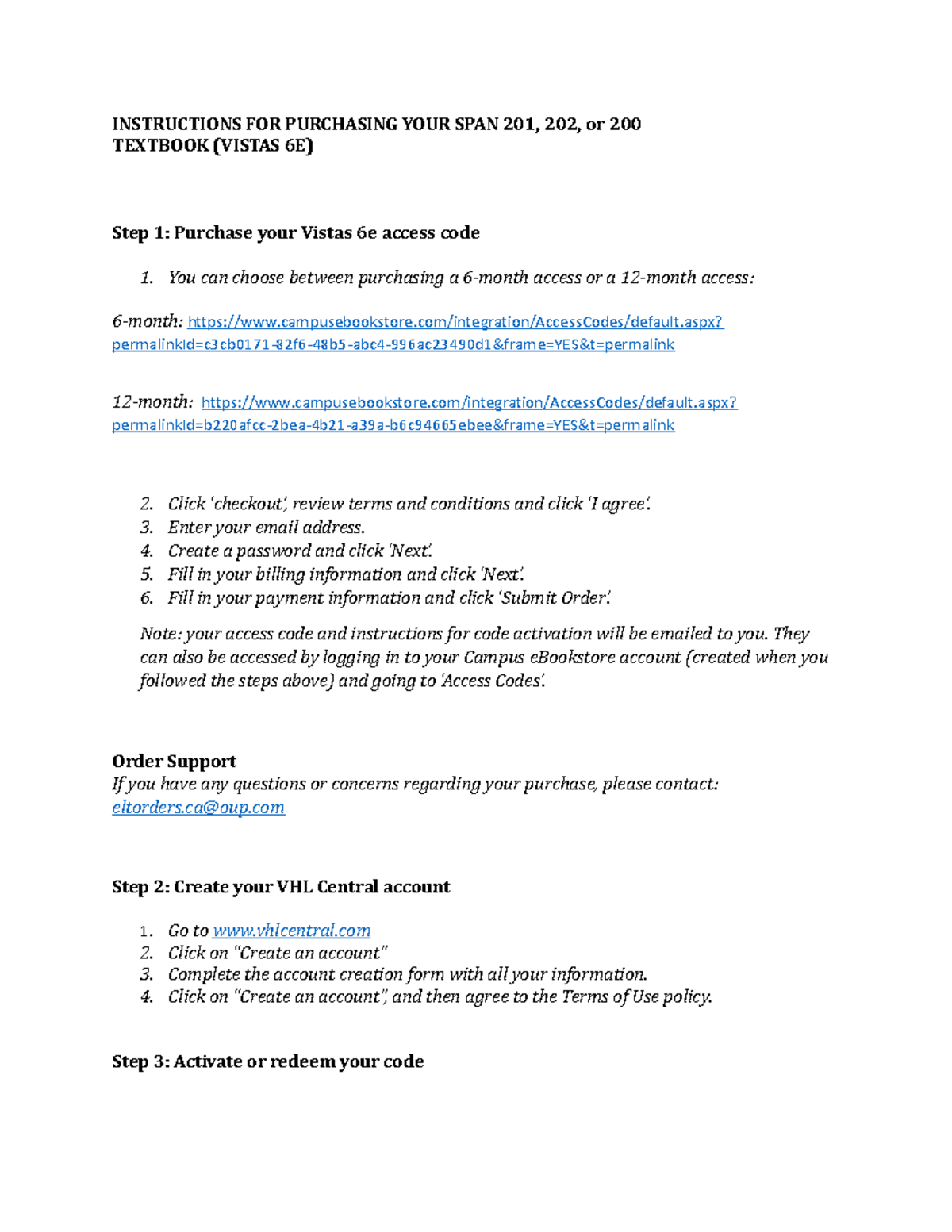Concordia Student Instructions for online purchase of Vistas 6E