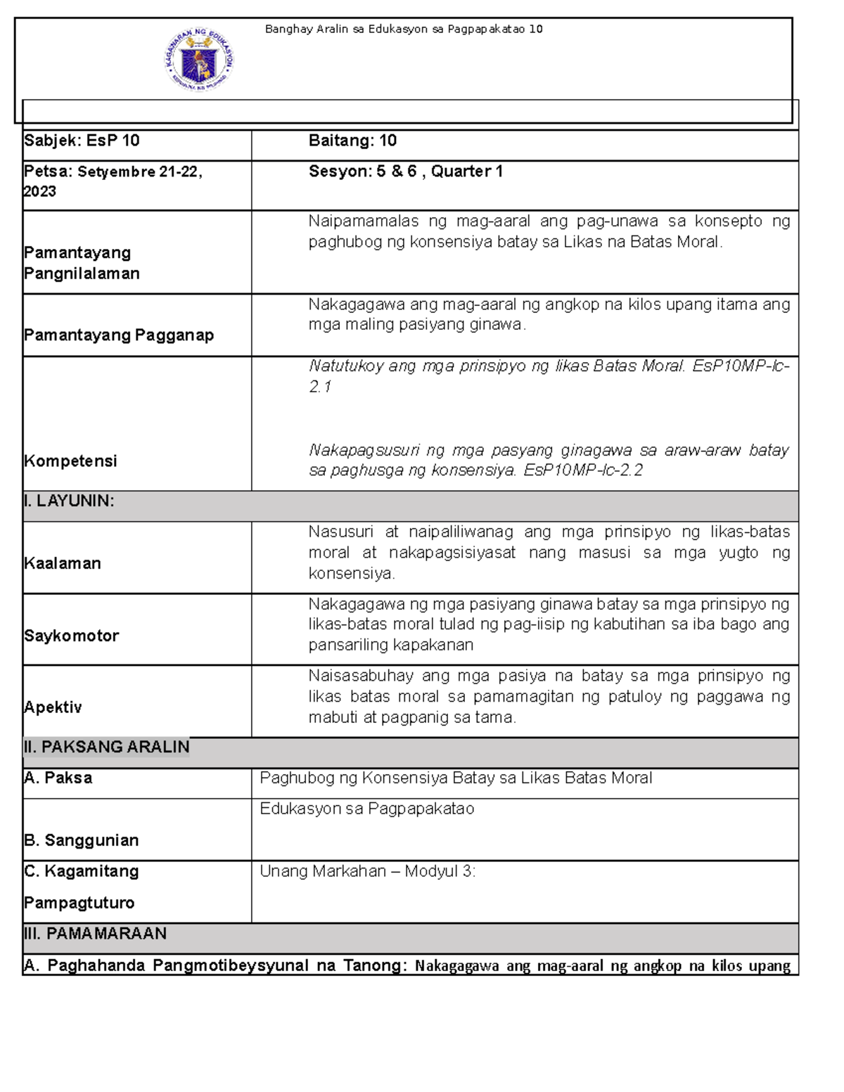 Es P10 Q1 Lesson Plan3 NEW Q1 - Sabjek: EsP 10 Baitang: 10 Petsa ...