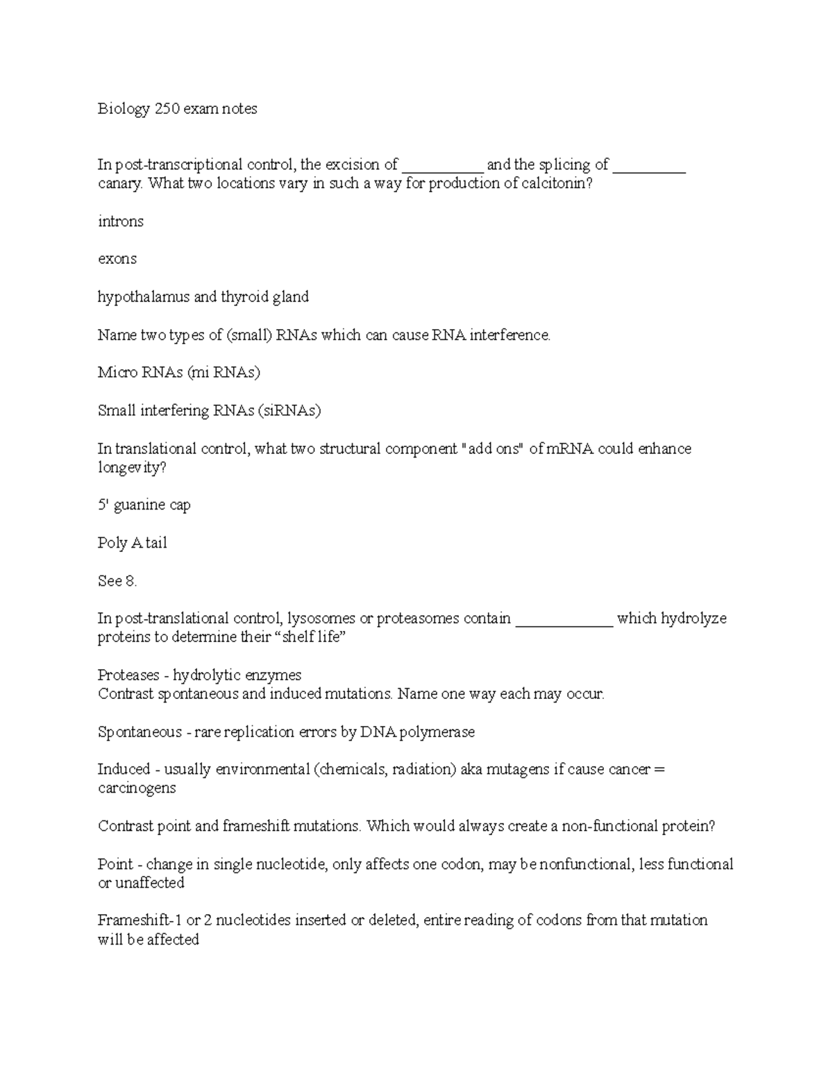 Bsc 250 #2 - bsc 250 exam 2 study notes - Biology 250 exam notes In ...