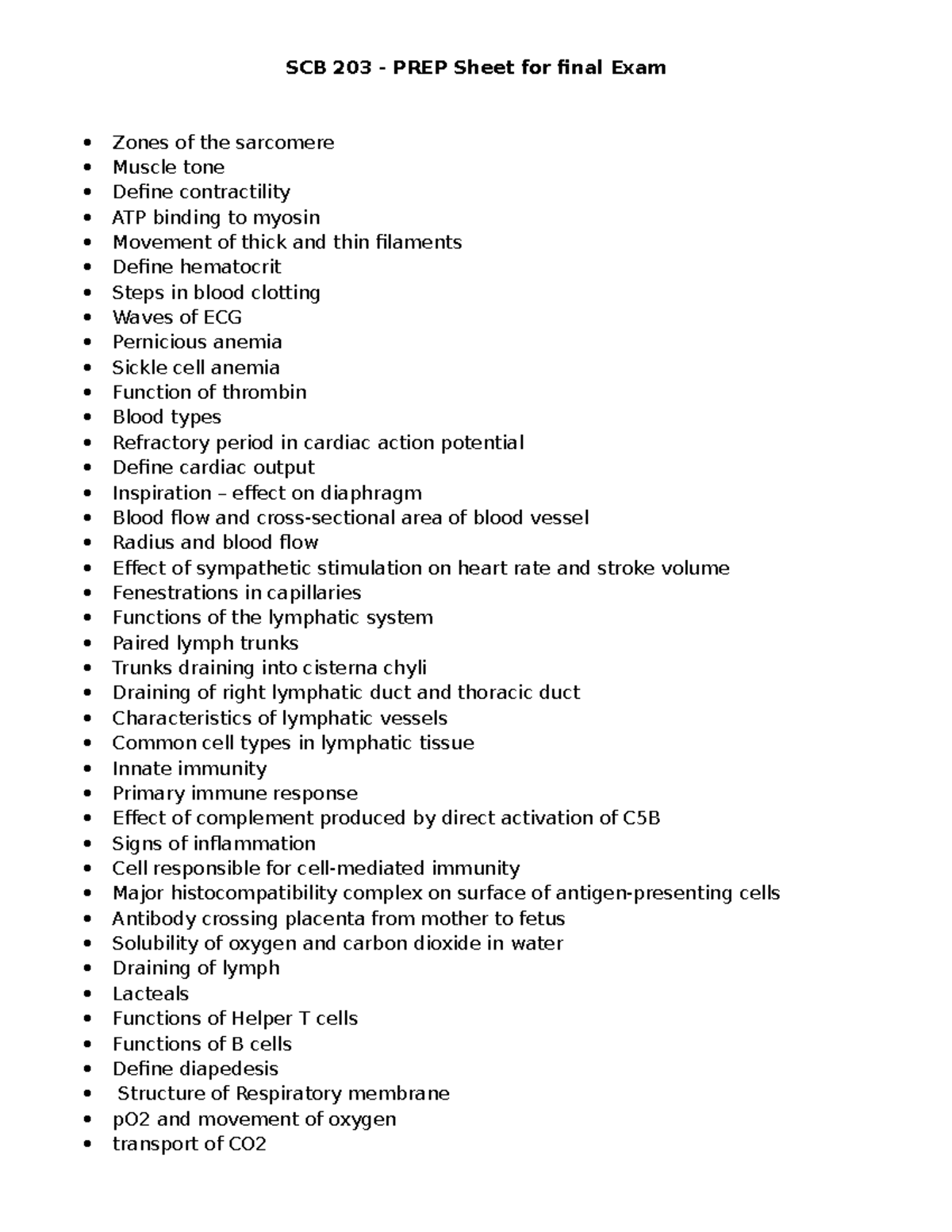 SCB 203 Prep sheet for final exam - SCB 203 - PREP Sheet for final Exam ...