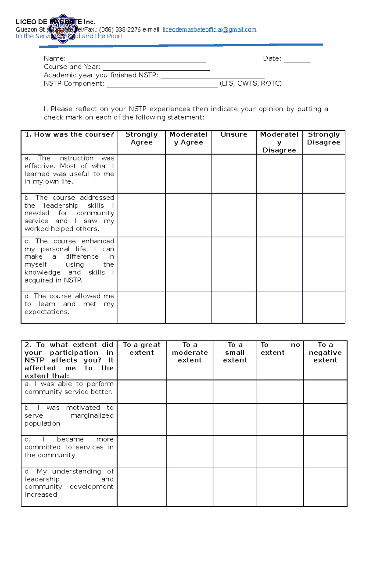 Form for NSTP Survey - Name ...