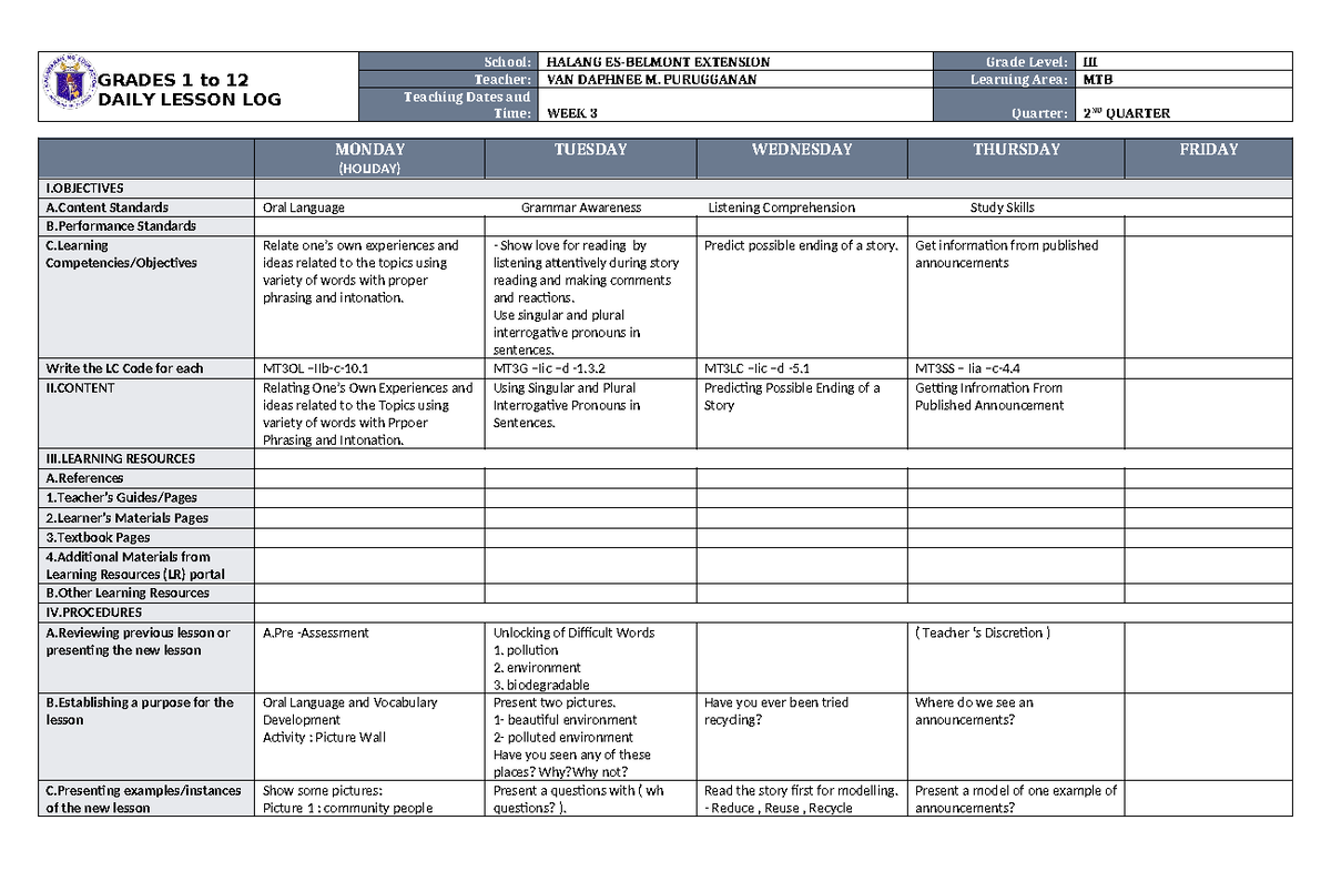 DLL MTB 3 Q2 W3 - DLL - GRADES 1 to 12 DAILY LESSON LOG School: HALANG ...