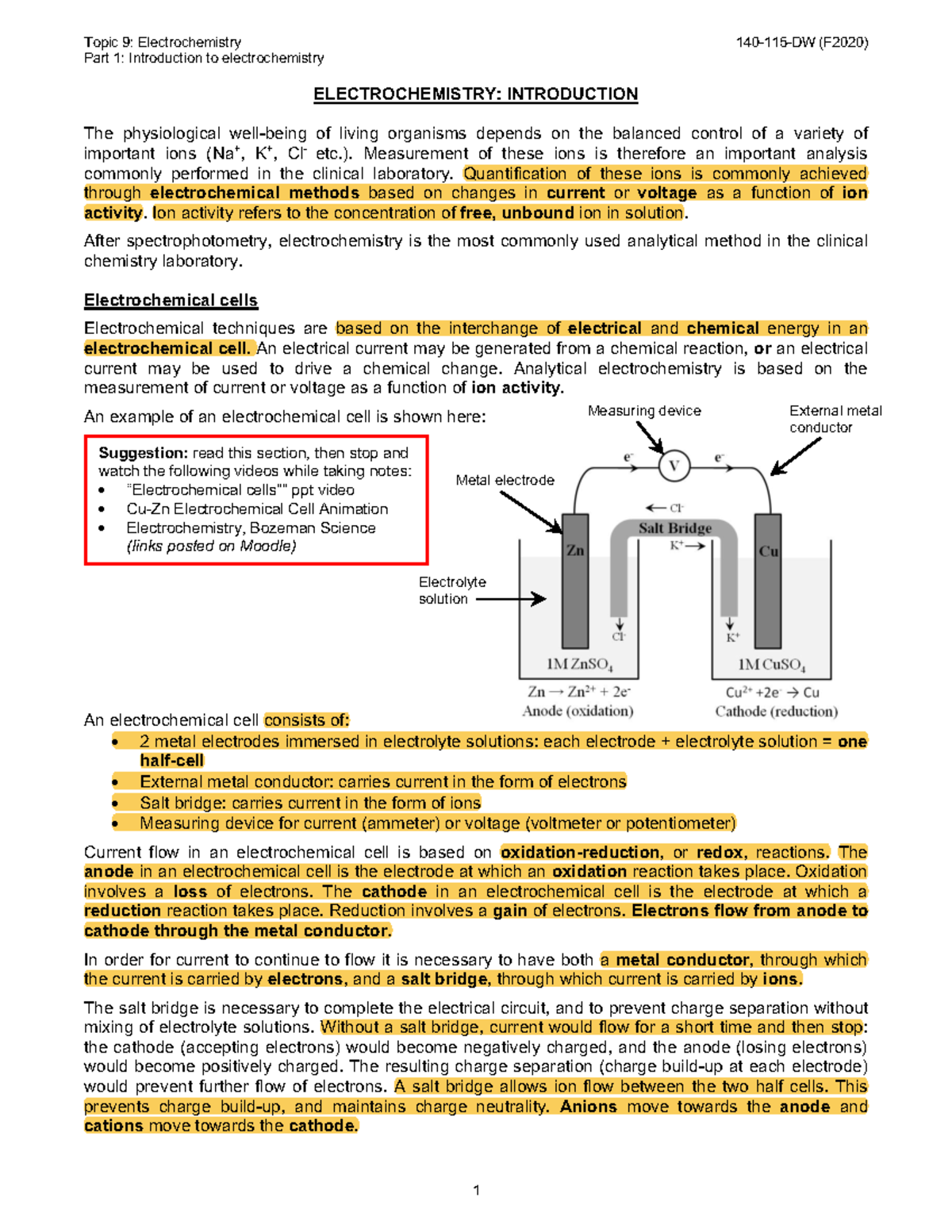 Lecture Notes Topic 9 - Electrochemistry Part 1 - 140-115-DW - Studocu