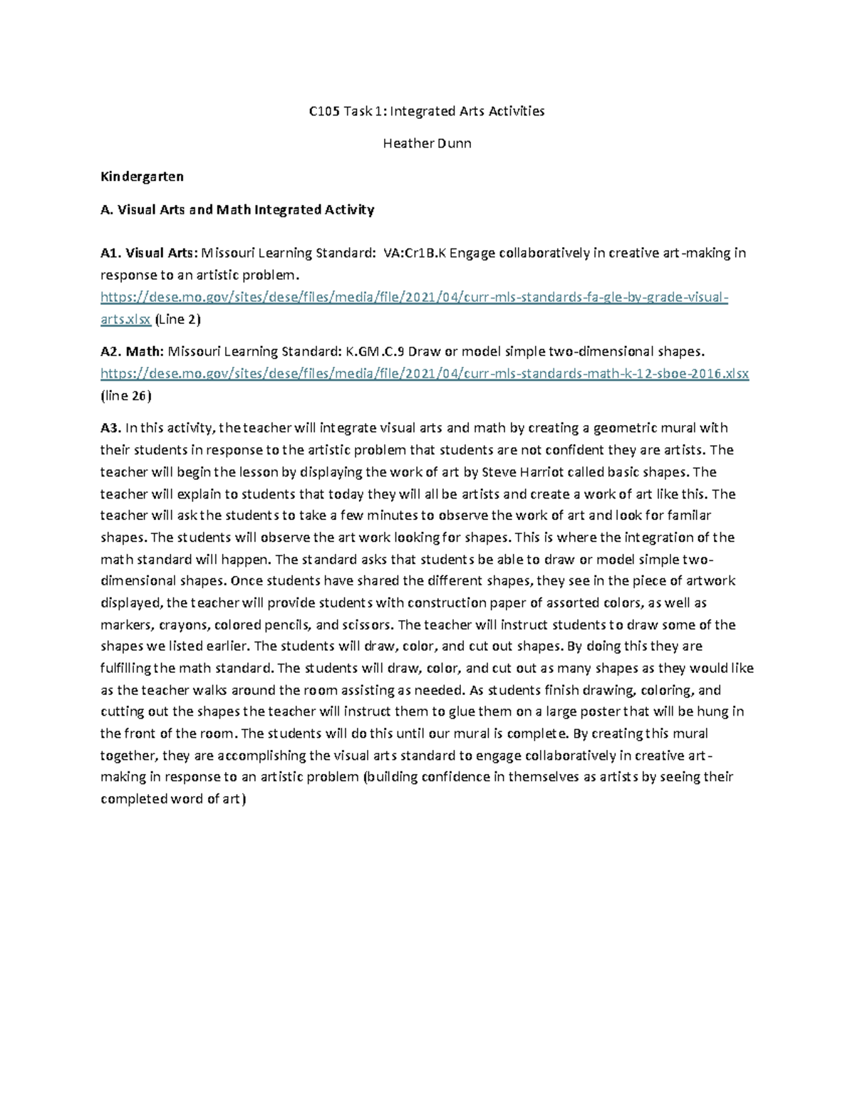C105 Task 1 Integrated Arts Activities - C105 Task 1: Integrated Arts ...