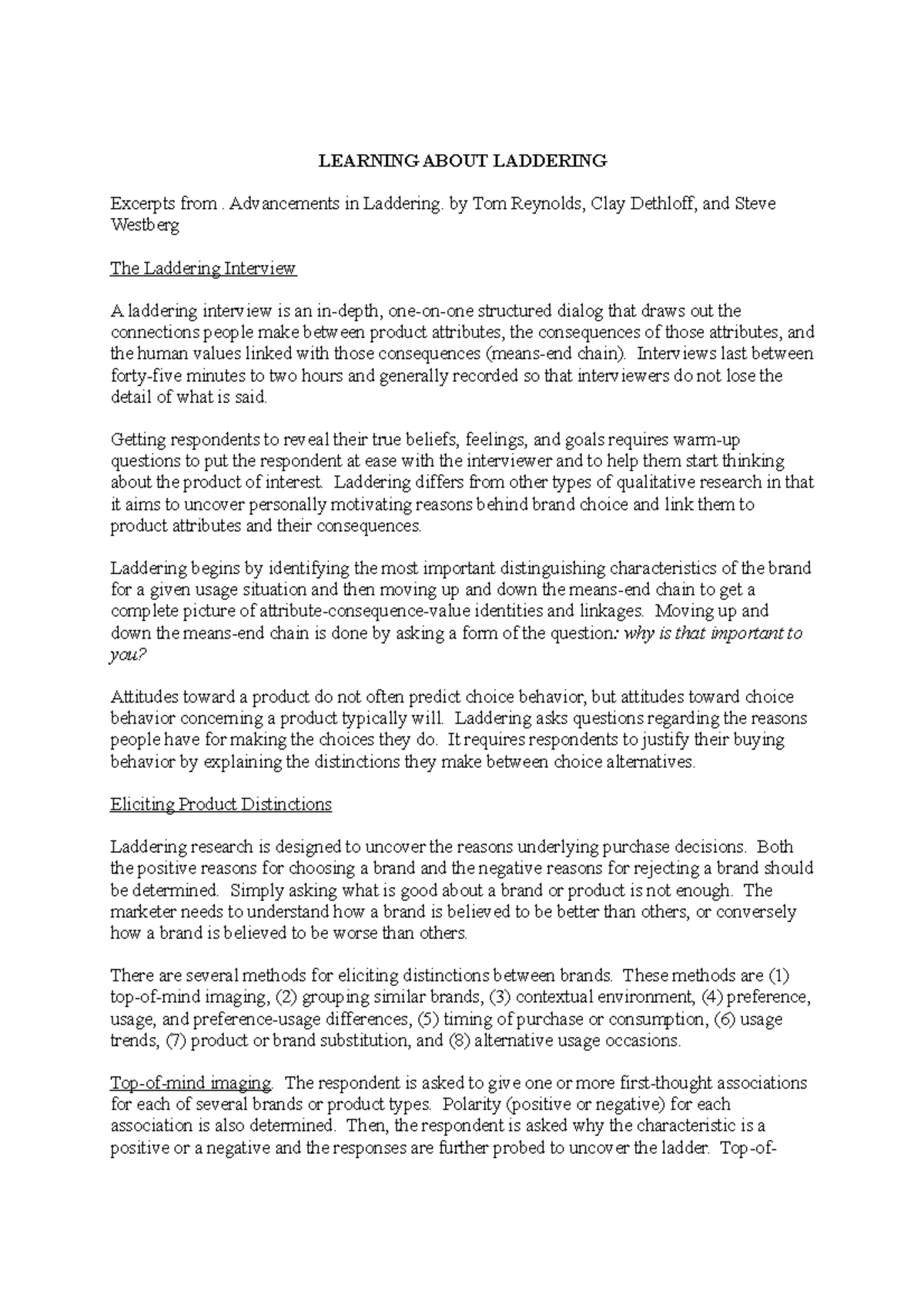 Learning about laddering LEARNING ABOUT LADDERING Excerpts from