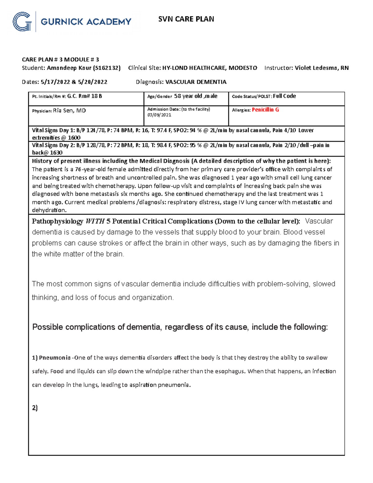 CARE PLAN 3 MOD 3 - Dementia Vascular - SVN CARE PLAN CARE PLAN # 3 ...