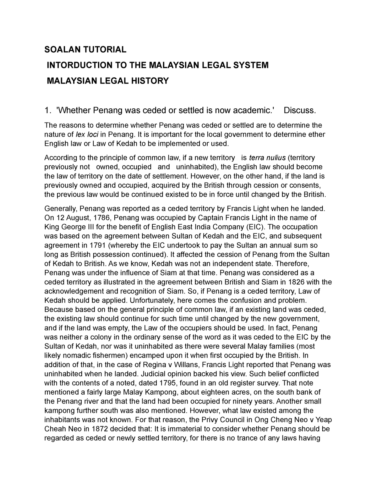 Tutorial 1 Malaysia Legal System - SOALAN TUTORIAL INTORDUCTION TO THE ...