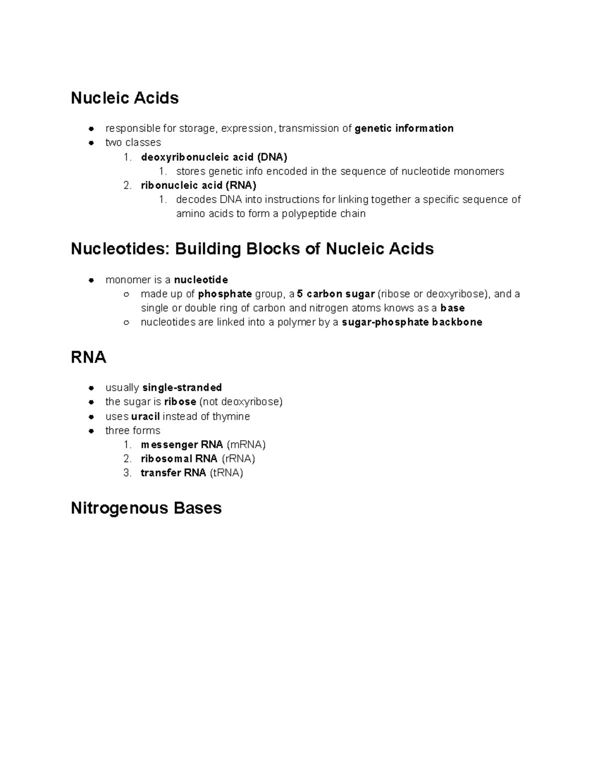 Bio 181 bio 181H lecture notes Nucleic Acids responsible for
