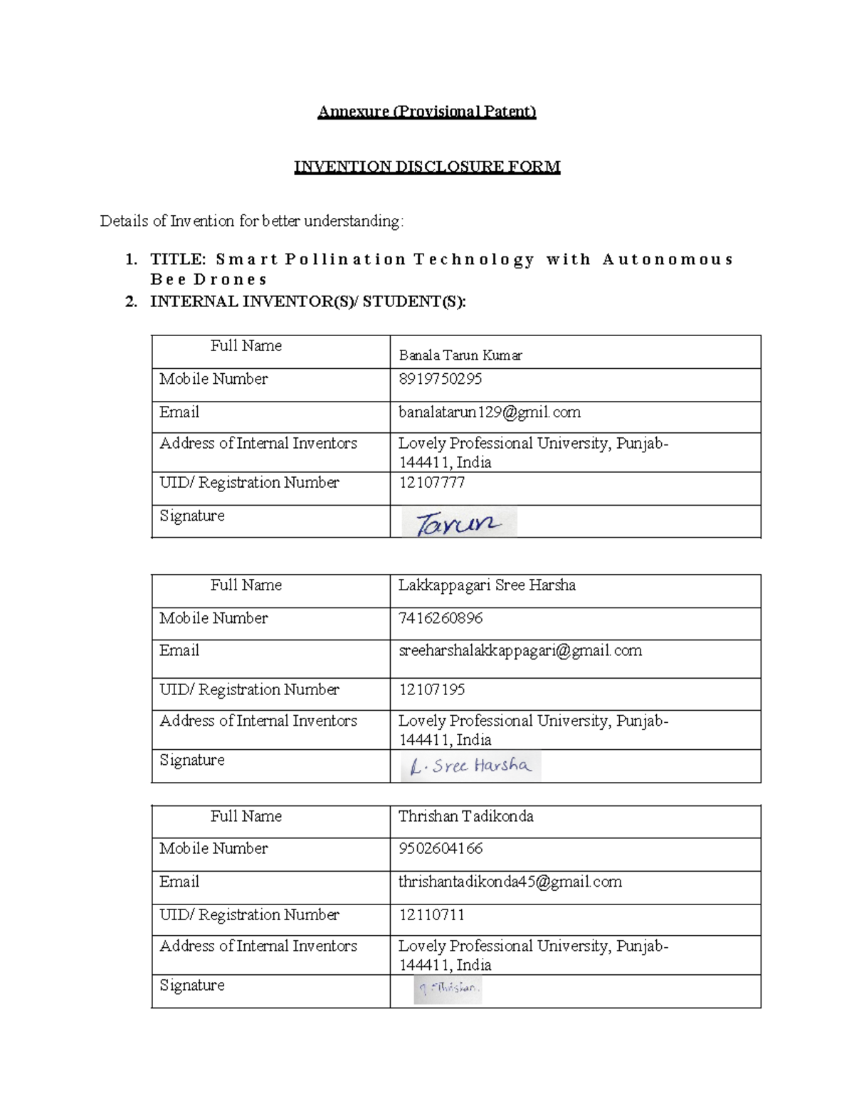 New patent - Annexure (Provisional Patent) INVENTION DISCLOSURE FORM ...