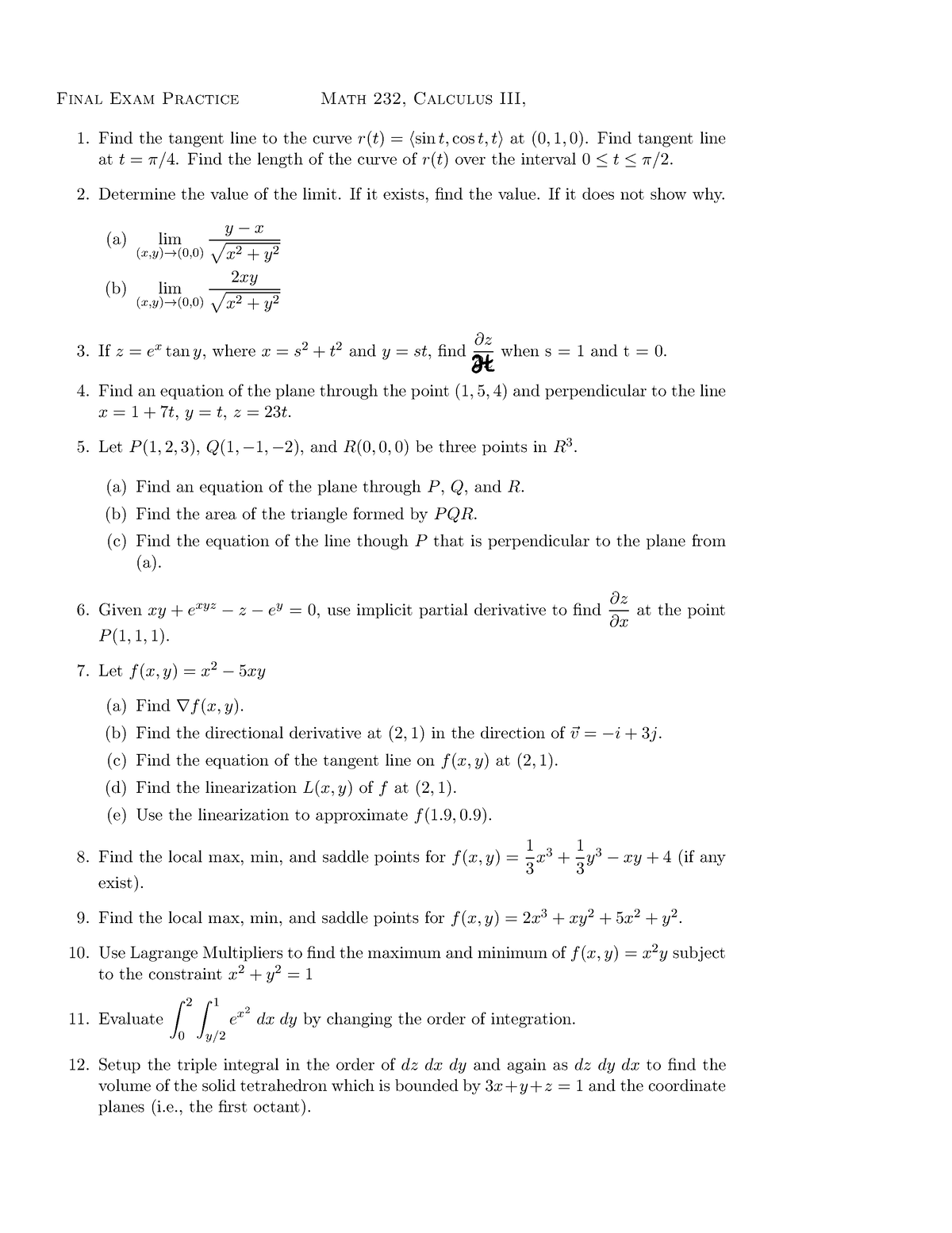 Final exam practice solution - Final Exam Practice Math 232, Calculus ...