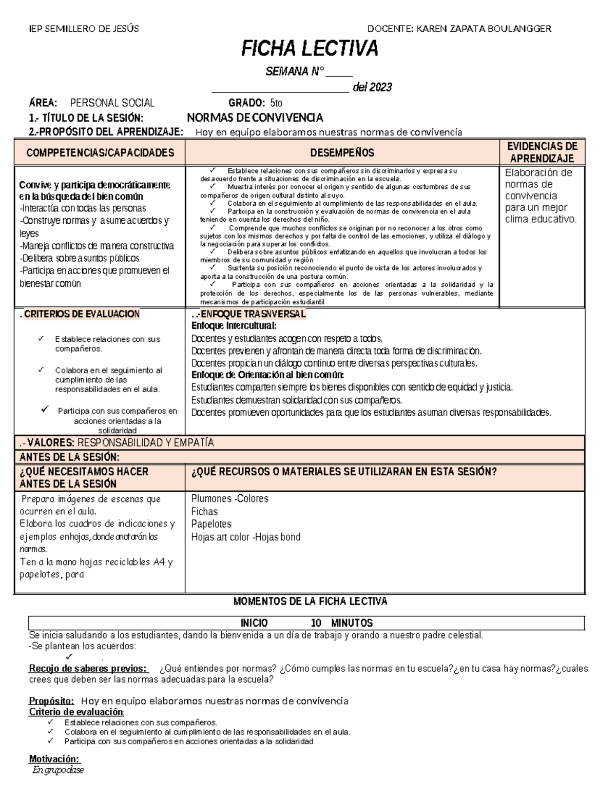 Sesiones EDA 1 Personal Social - copia - FICHA LECTIVA SEMANA N