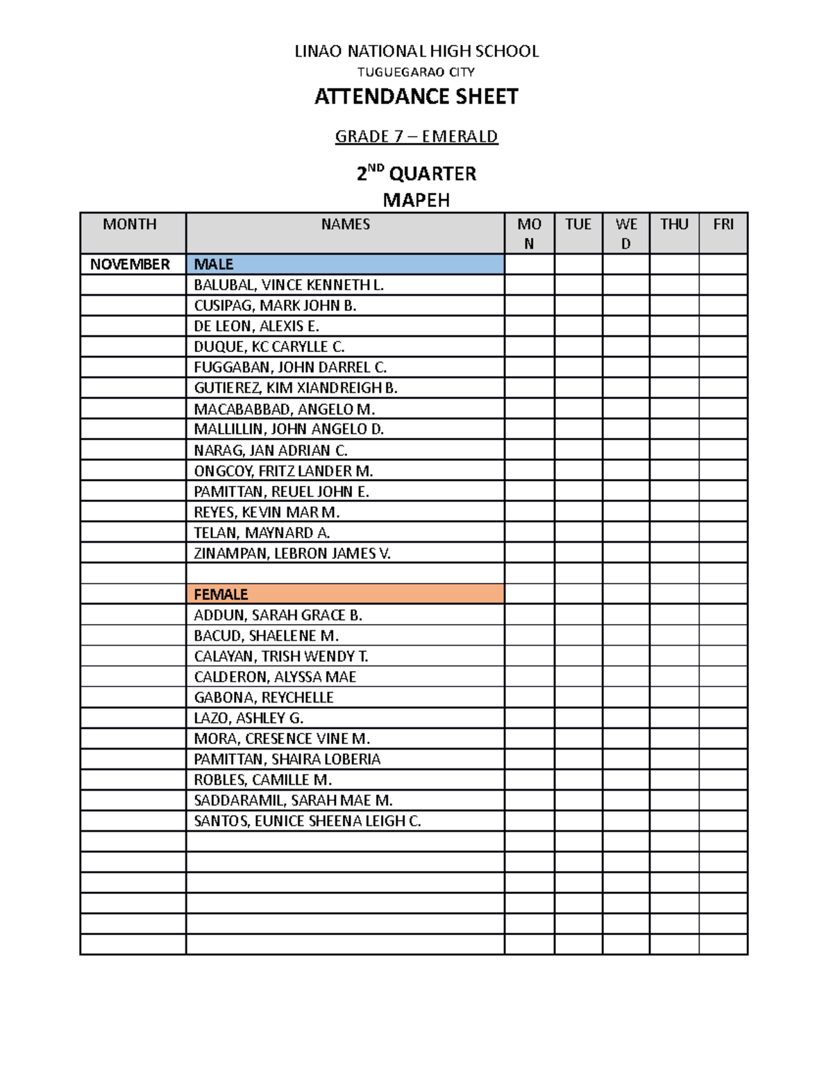 7 Emerald Attendance Sheet - LINAO NATIONAL HIGH SCHOOL TUGUEGARAO CITY ...