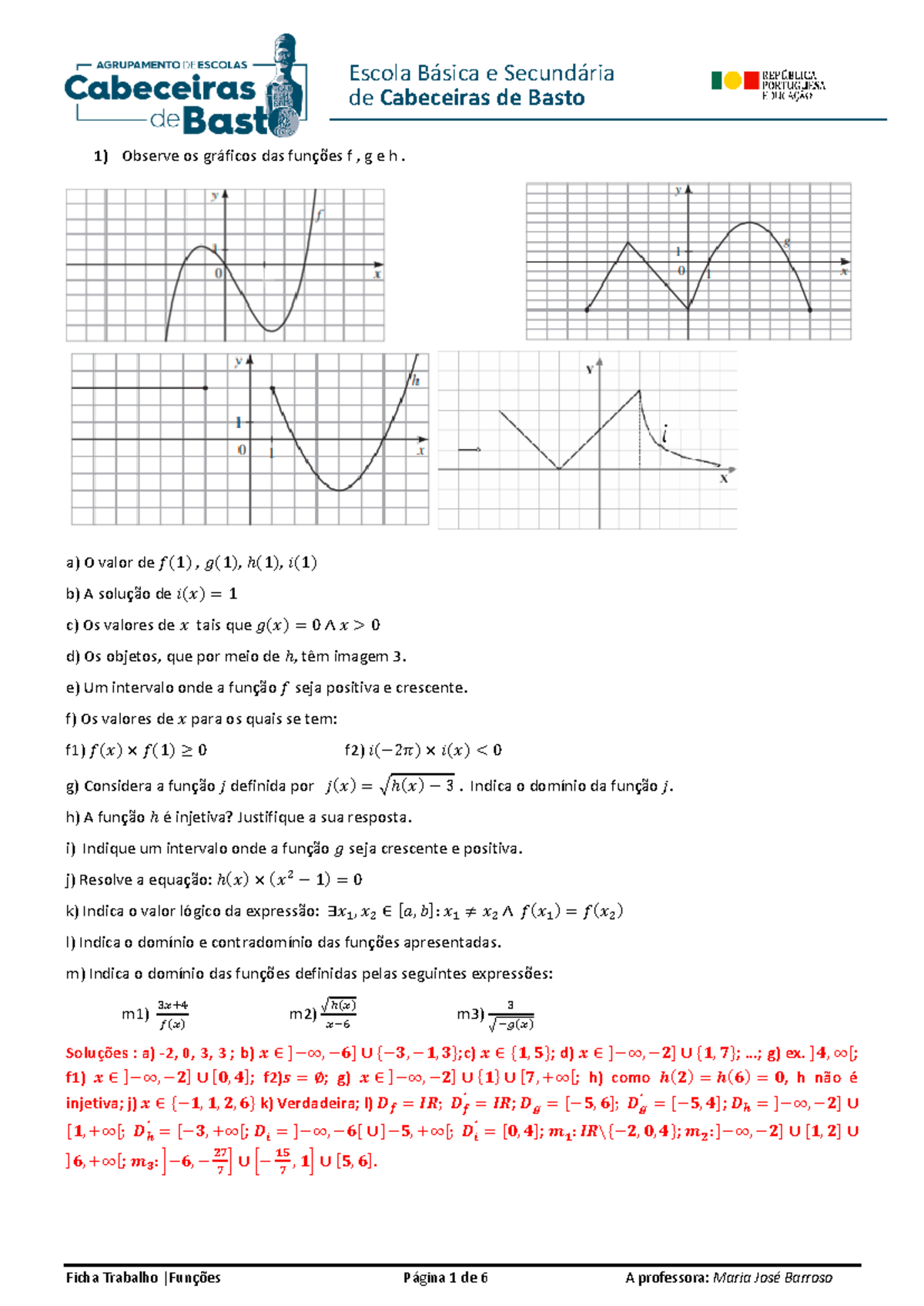 Ficha Funções 2 Observe Os Gráficos Das Funções F G E H A O Valor