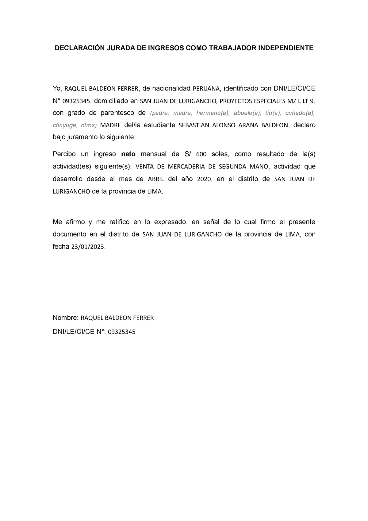 Declaracion Jurada De Ingresos DeclaraciÓn Jurada De Ingresos Como Trabajador Independiente Yo 8621