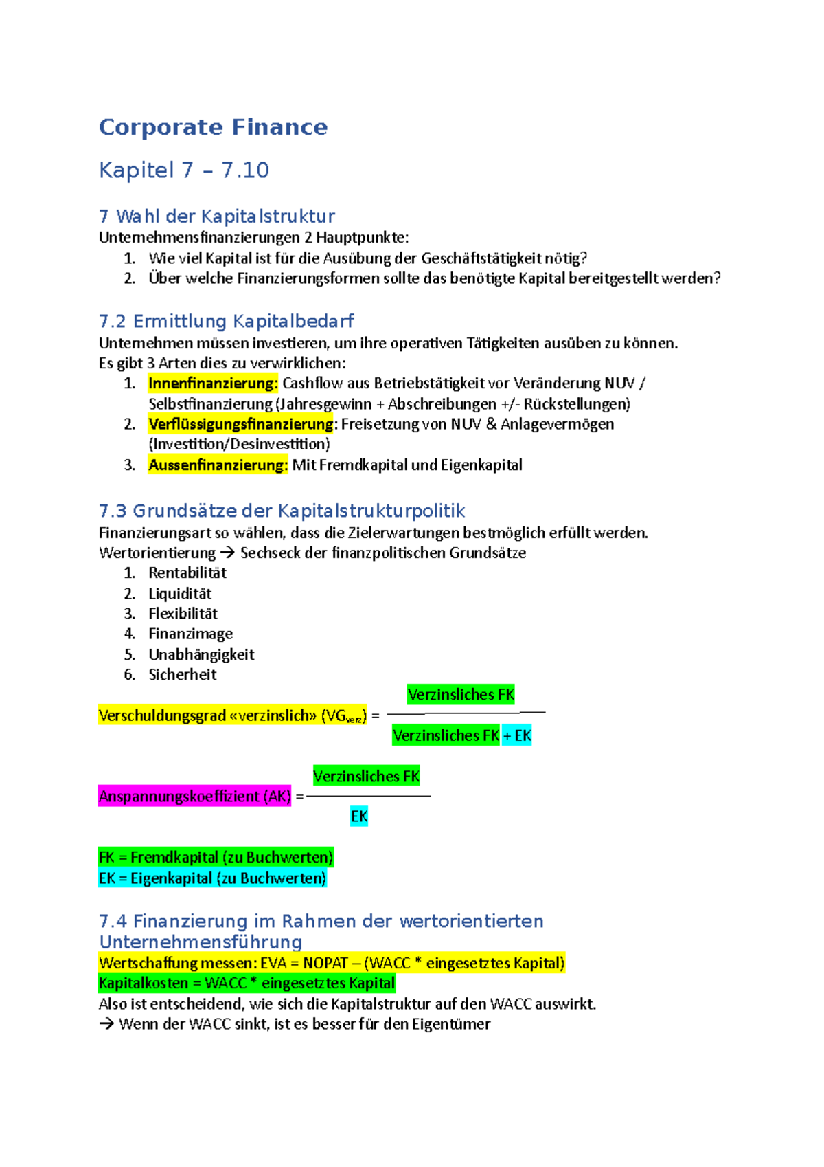 Corporate Finance Zusammenfassung - Corporate Finance Kapitel 7 – 7. 7 ...