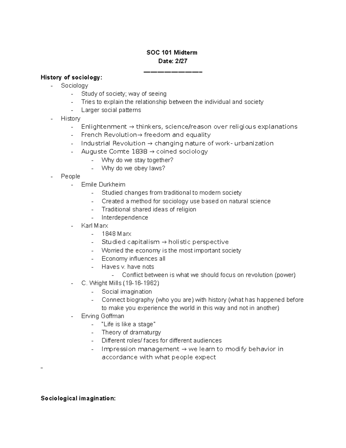 SOC 101 Midterm FLAD - SOC 101 Midterm Date: 2/ History of sociology ...