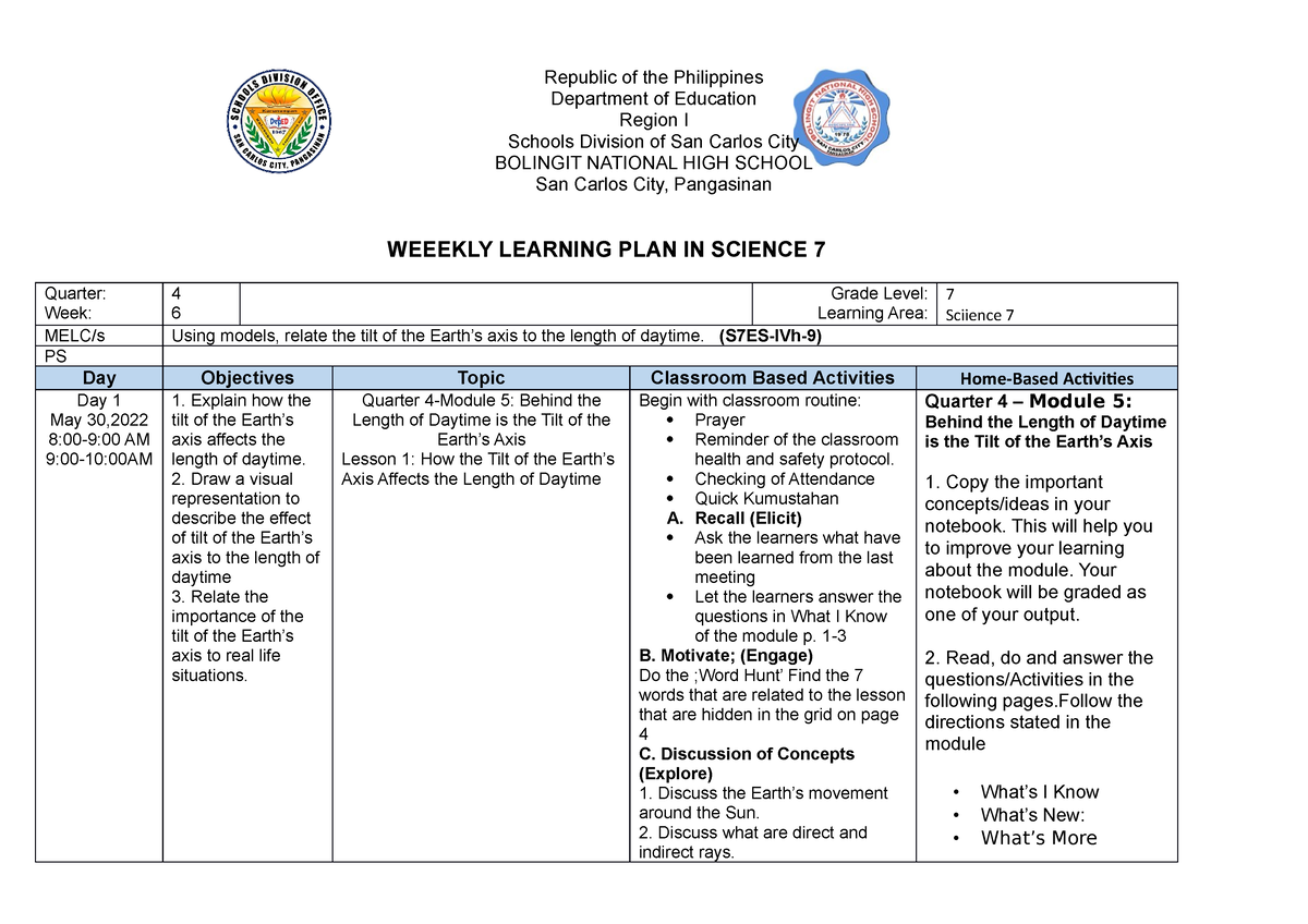 WLP Science 7 W6 - Weekly Home Learning Plan - Republic Of The ...