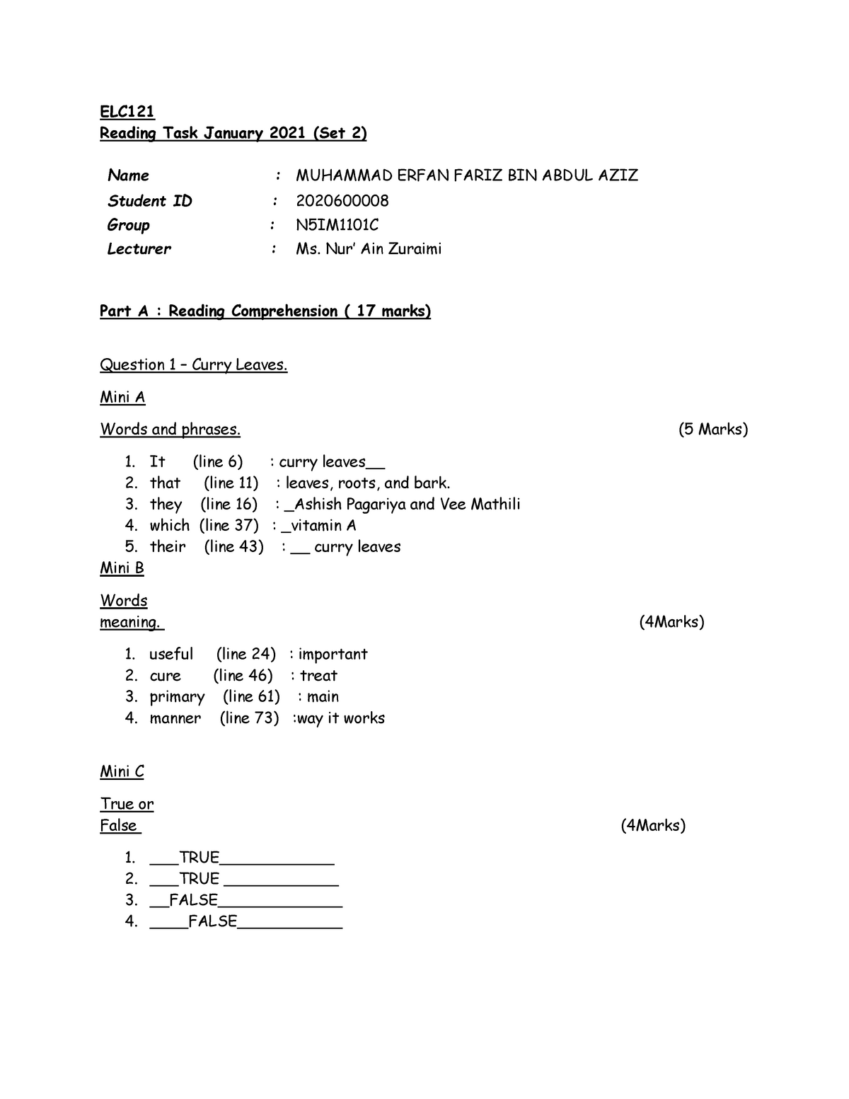 Elc121 Reading Test Exercise Elc Reading Task January 2021 Set 2 Name Muhammad Erfan Fariz Studocu