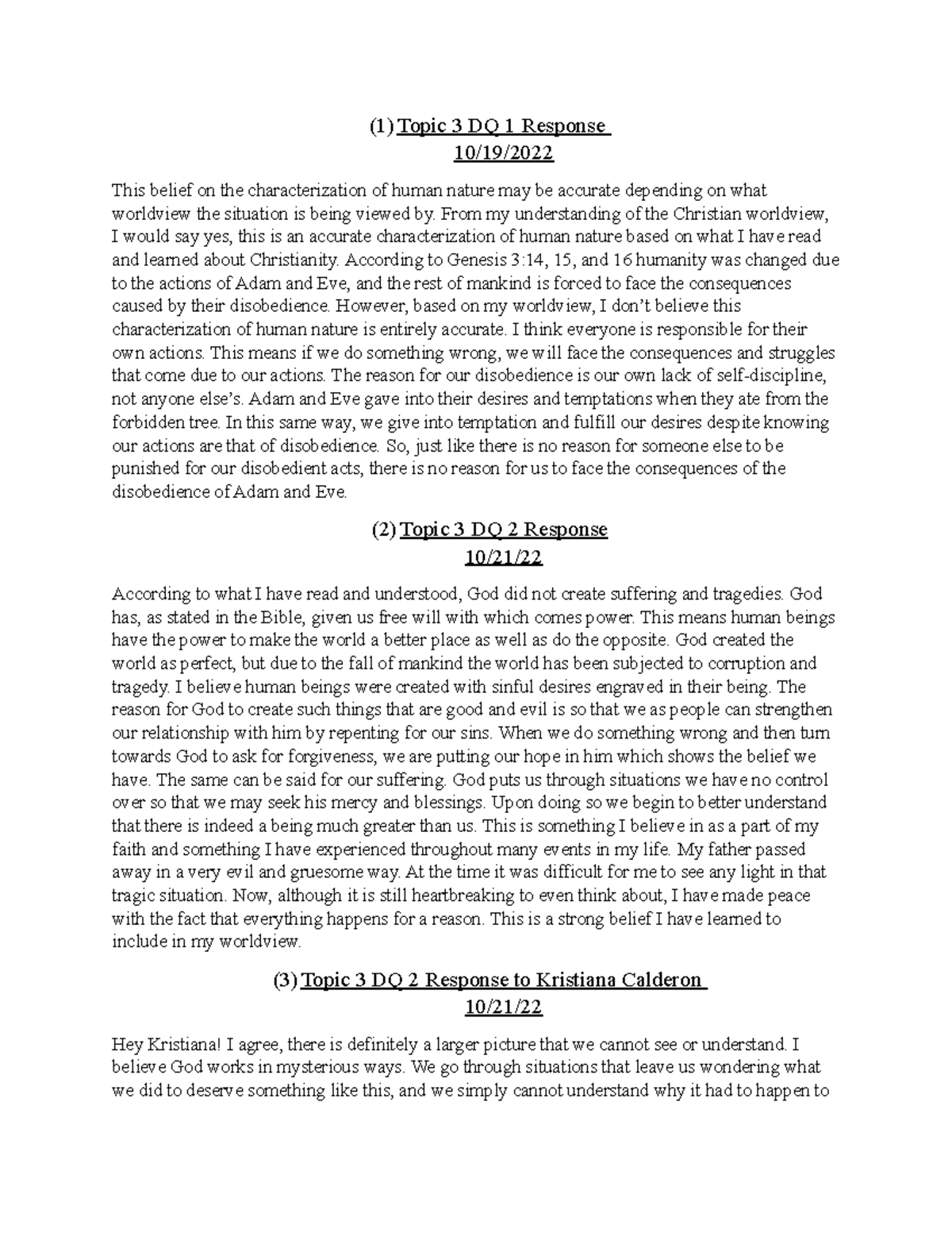 CWV Week 3 DQ Responses - Discussion Posts - (1) Topic 3 DQ 1 Response ...
