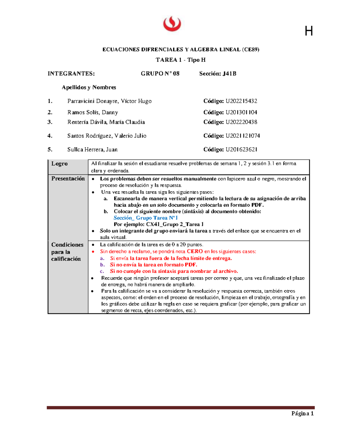 Sección J41B Grupo 8 Tarea Nº1 - ECUACIONES DIFRENCIALES Y ALGEBRA ...