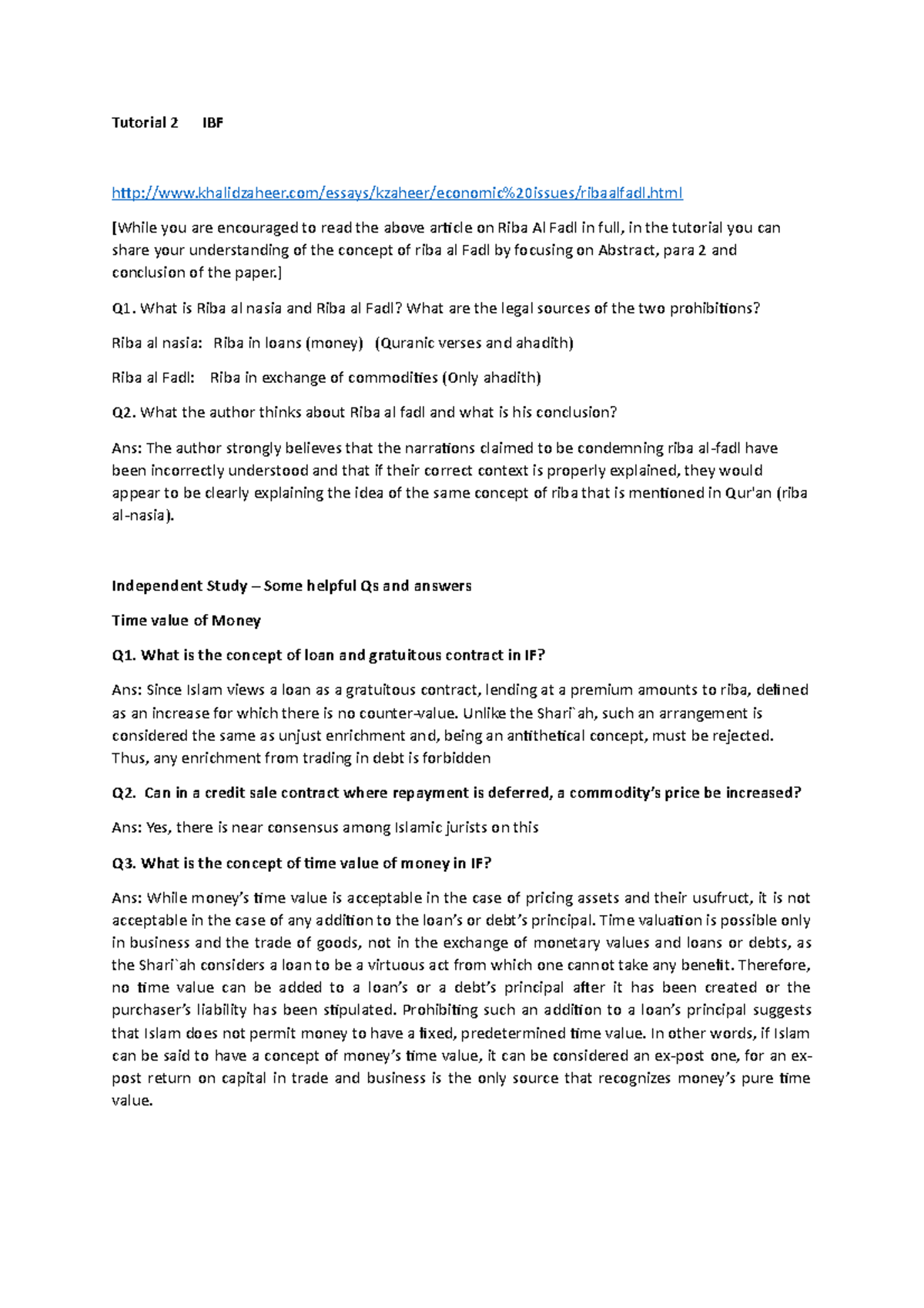 Islamic Finace Tutoiral Answers 2 Tutorial 2 Ibf Studocu
