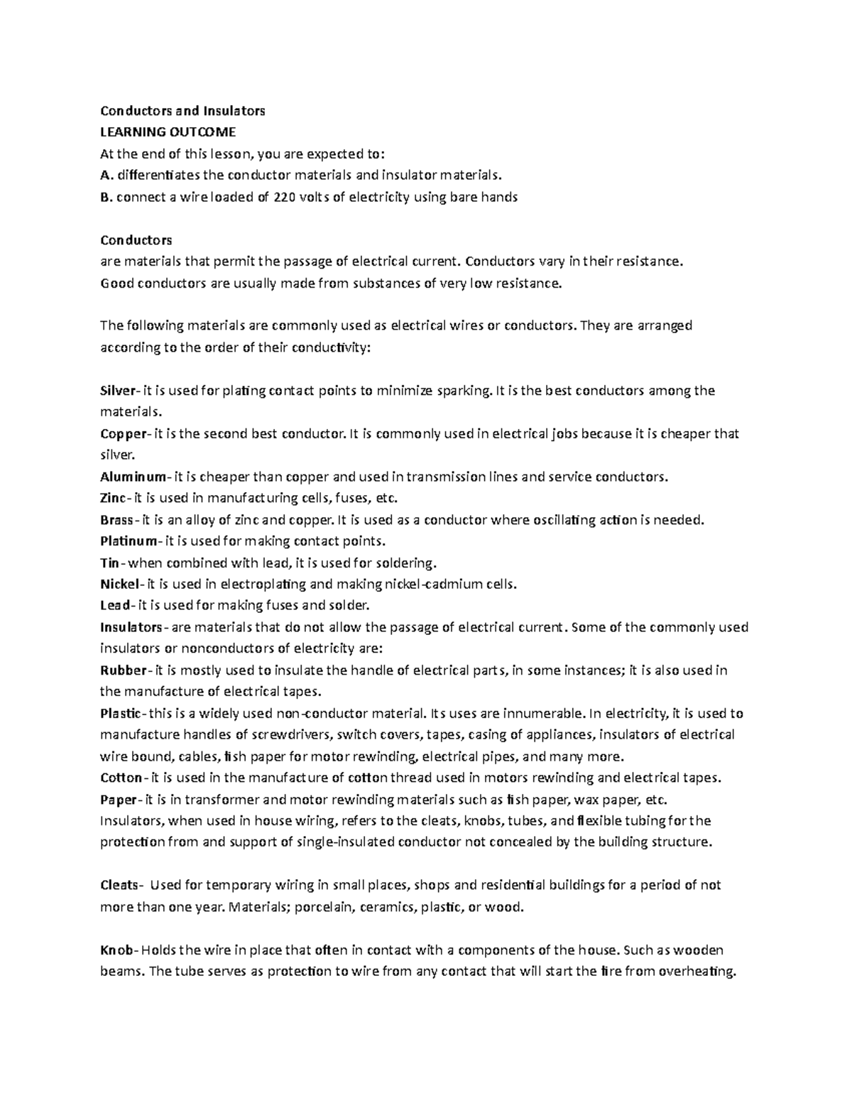 Conductors and Insulators Conductors and Insulators LEARNING