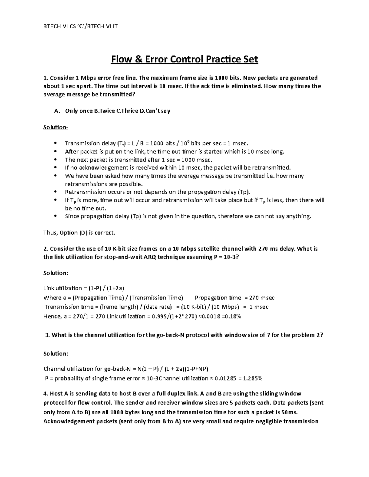 Flow control Numericals - Flow & Error Control Practice Set 1. Consider ...