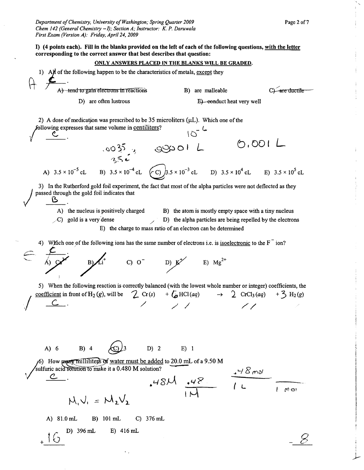 Chem 142 M1 2009 - Midterm From 2009 - Fr Department Of Chemistry ...