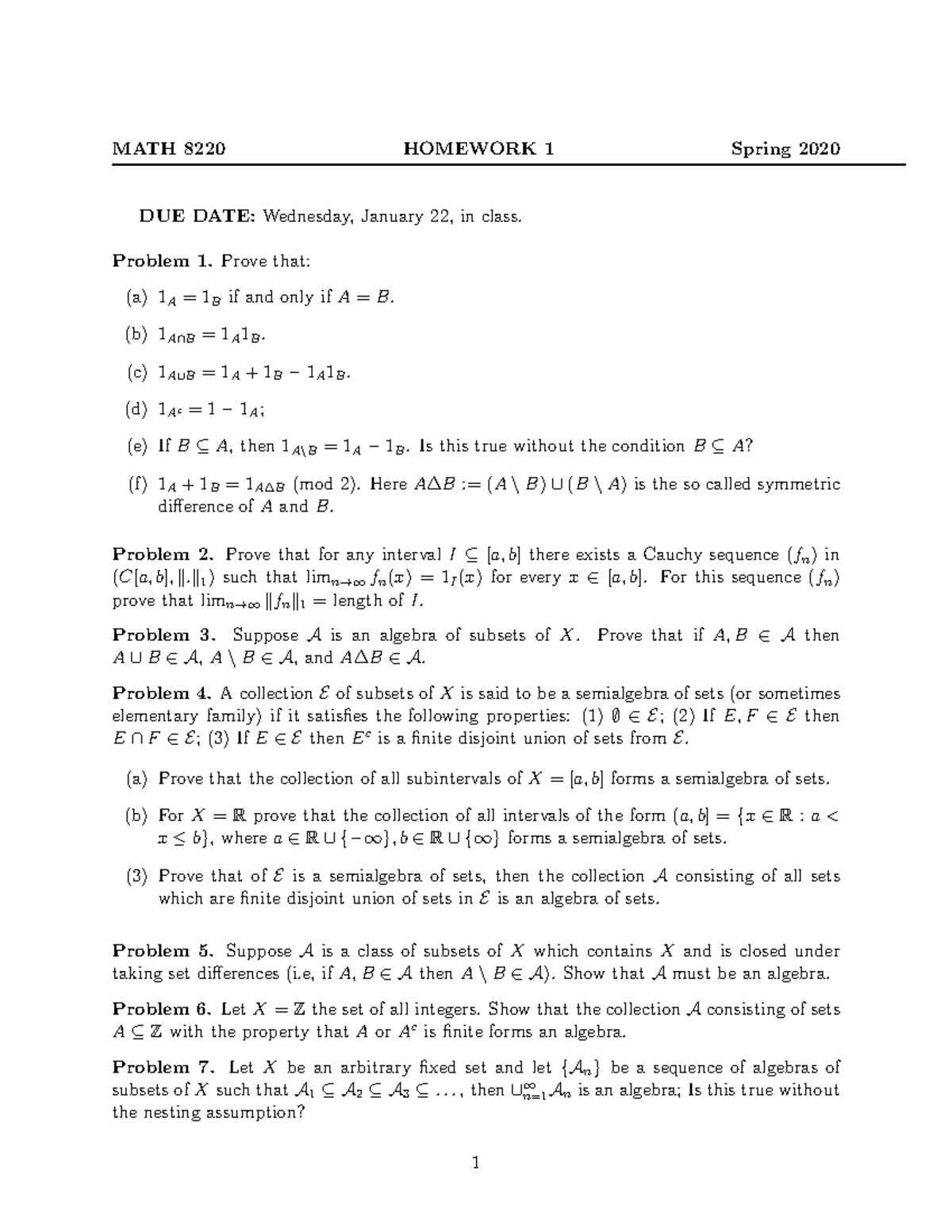 HW1 - HW1 - MATH 8220 HOMEWORK 1 Spring 2020 DUE DATE: Wednesday ...