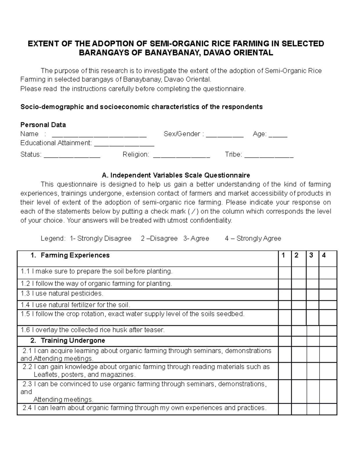 Questionnaire of extent of the adoption (Autosaved) - EXTENT OF THE ...