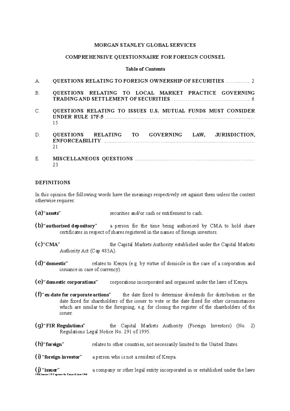 1996 Section 17f-5 opinion for Kenya - commercial law - Studocu