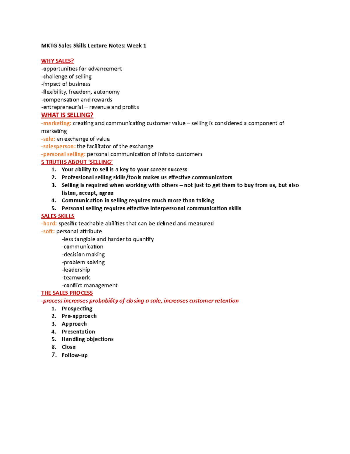 MKTG Lecture Notes Week 1 - MKTG Sales Skills Lecture Notes: Week 1 WHY ...