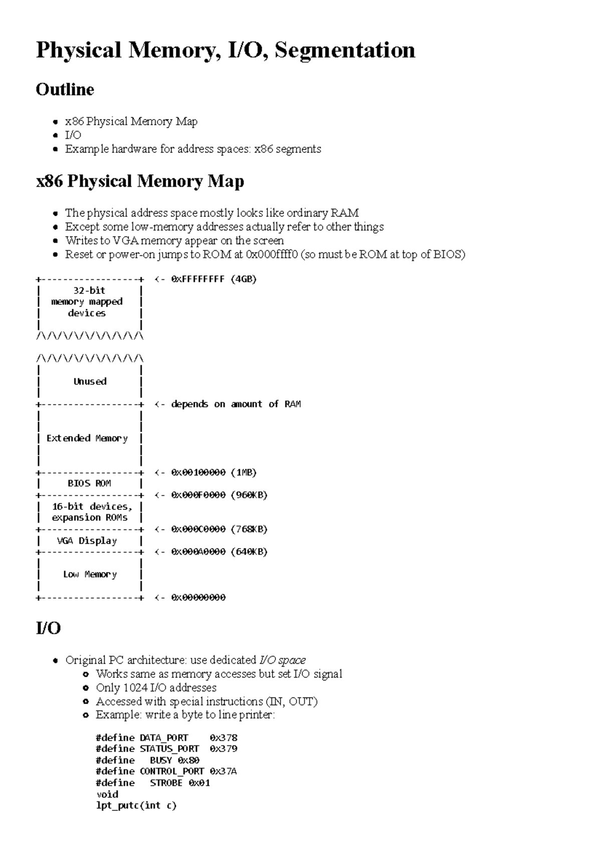 L6 - Operating Systems - Physical Memory, I/O, Segmentation Outline x86 ...