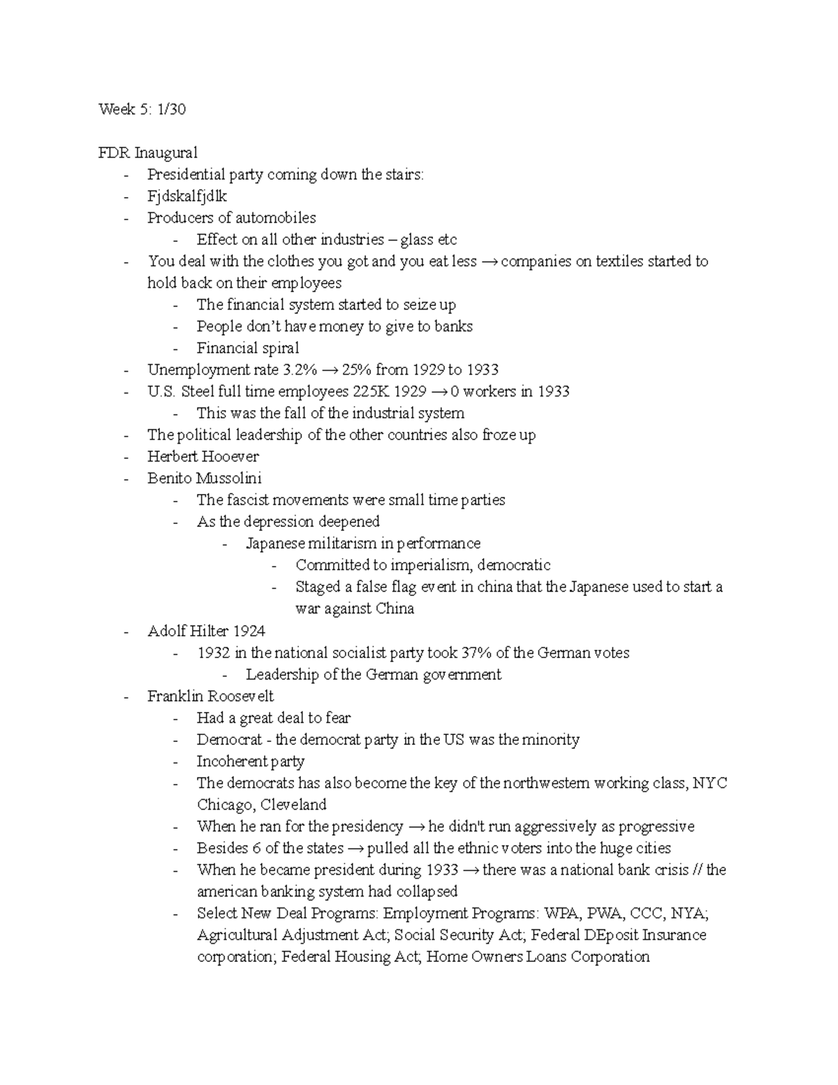 History 210 - Lecture Notes - Week 5: 1/ FDR Inaugural - Presidential ...