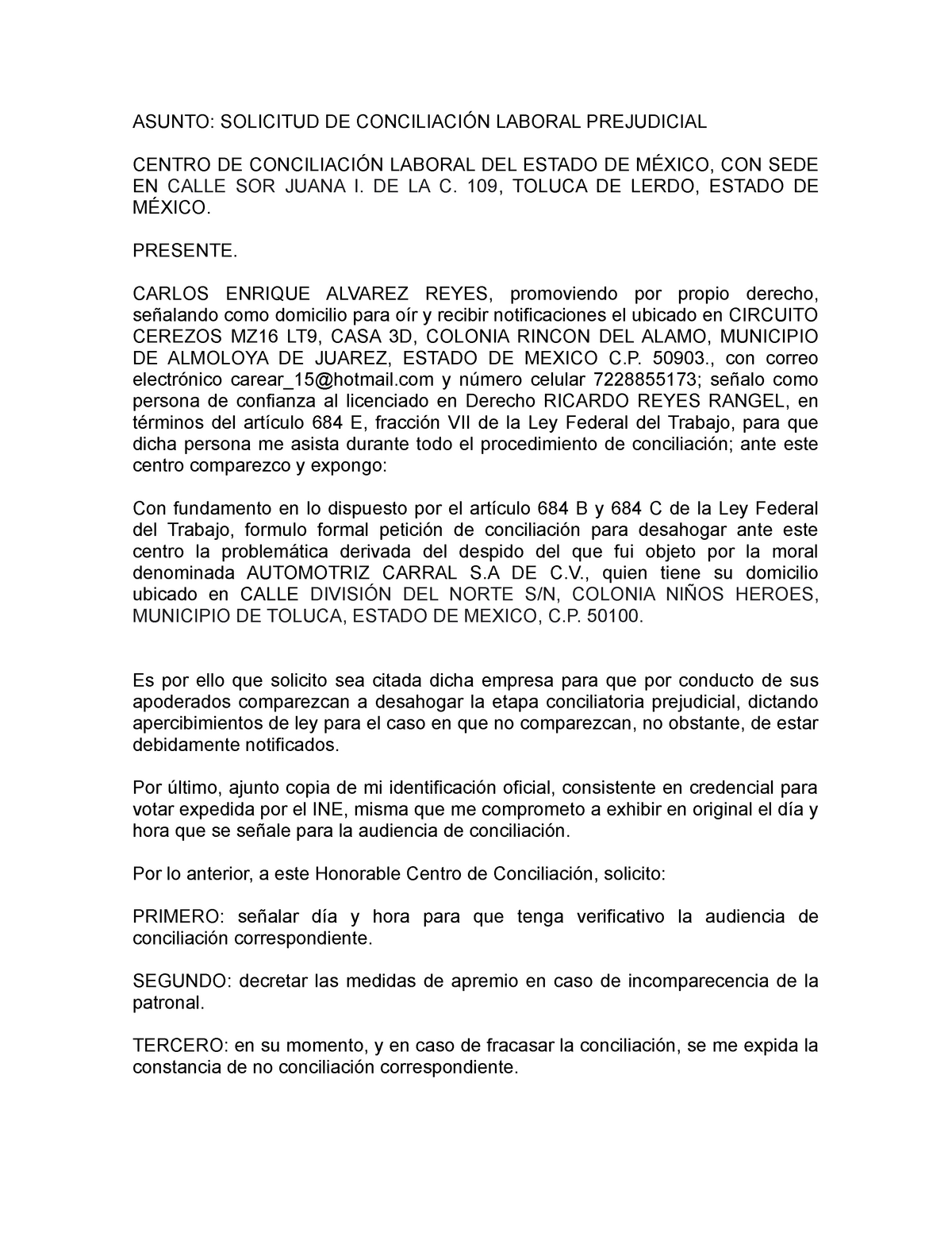 Solicitud De Conciliacion Laboral - ASUNTO: SOLICITUD DE CONCILIACIÓN  LABORAL PREJUDICIAL CENTRO DE - Studocu