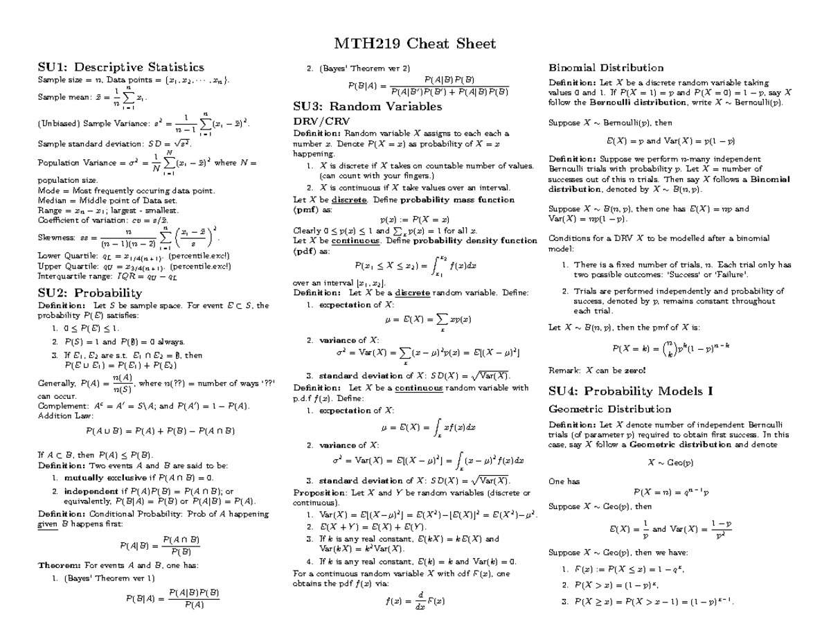 MTH219 Summary Cheat Sheet - MTH219 Cheat Sheet SU1: Descriptive ...