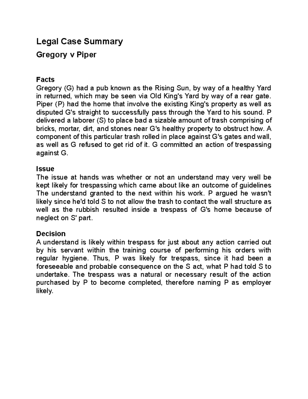 Gregory v piper tort law legal case summary gregory v piper facts