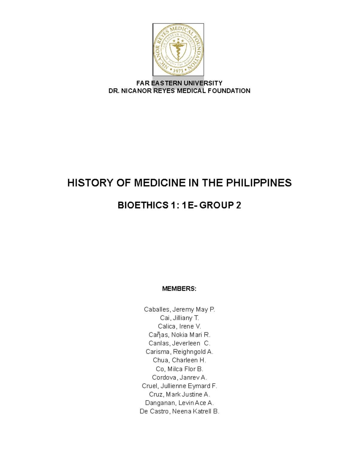 2 1 Philippine History Of Medicine FAR EASTERN UNIVERSITY DR NICANOR