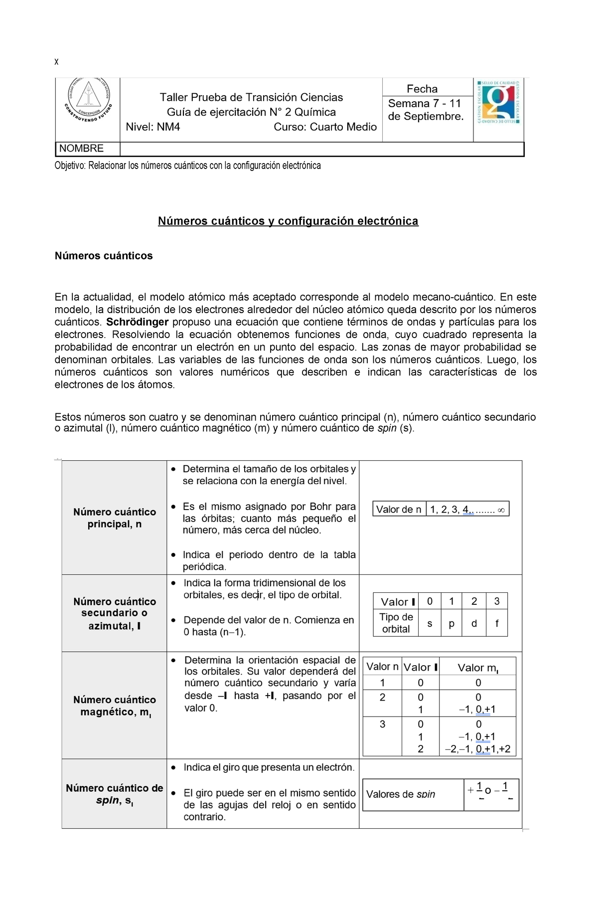 Guia 3 Numeros Cuanticos Y Configuracion - X Objetivo: Relacionar Los ...