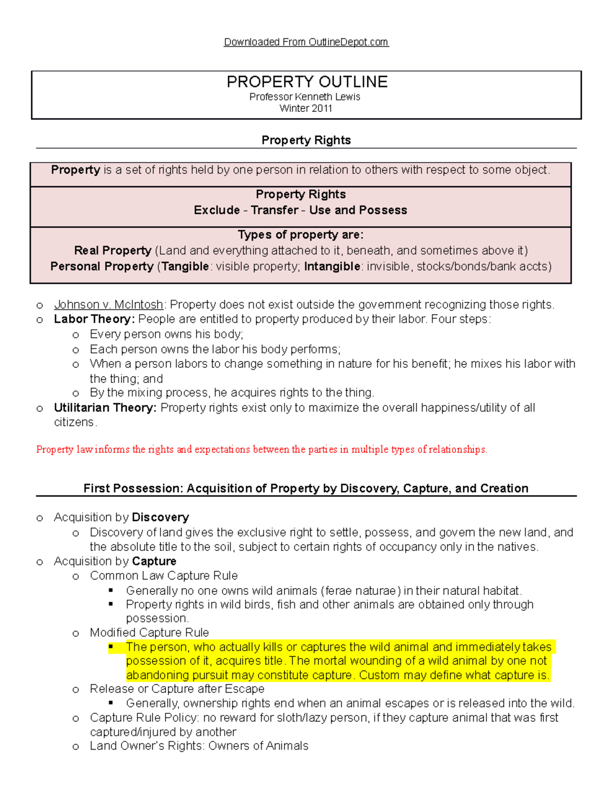 Lewis Property Outline Winter 2011 - PROPERTY OUTLINE Professor Kenneth ...